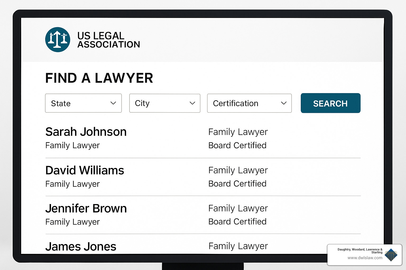 Professional legal directory search interface - Board certified family lawyer