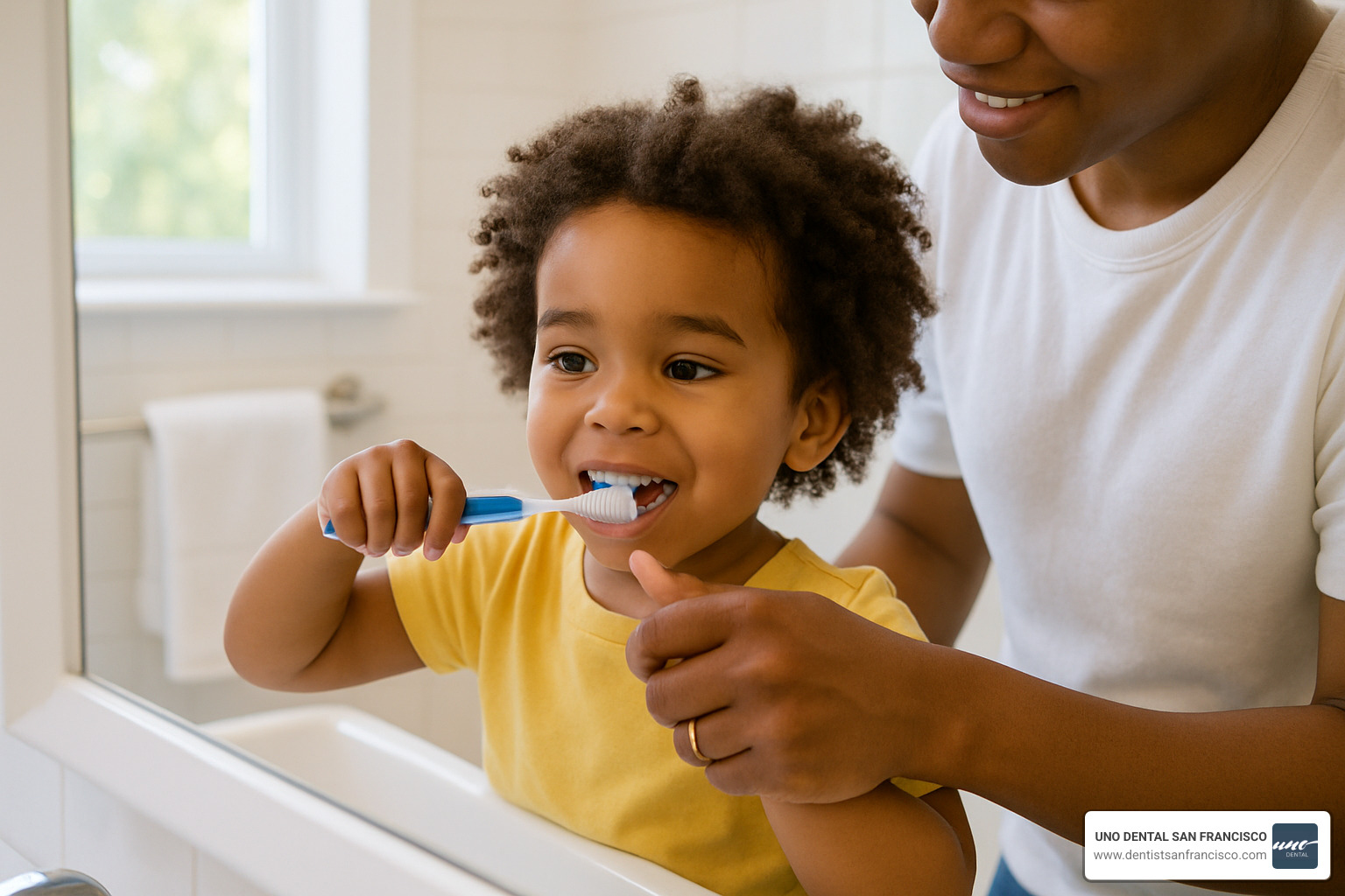 child brushing teeth with proper technique demonstration - children dental