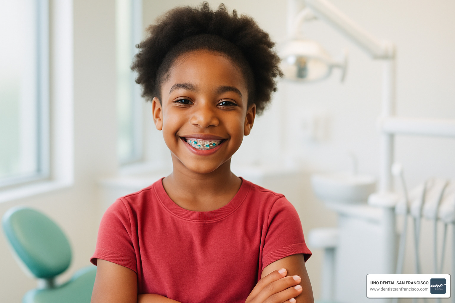 child with colorful braces smiling confidently - children dental