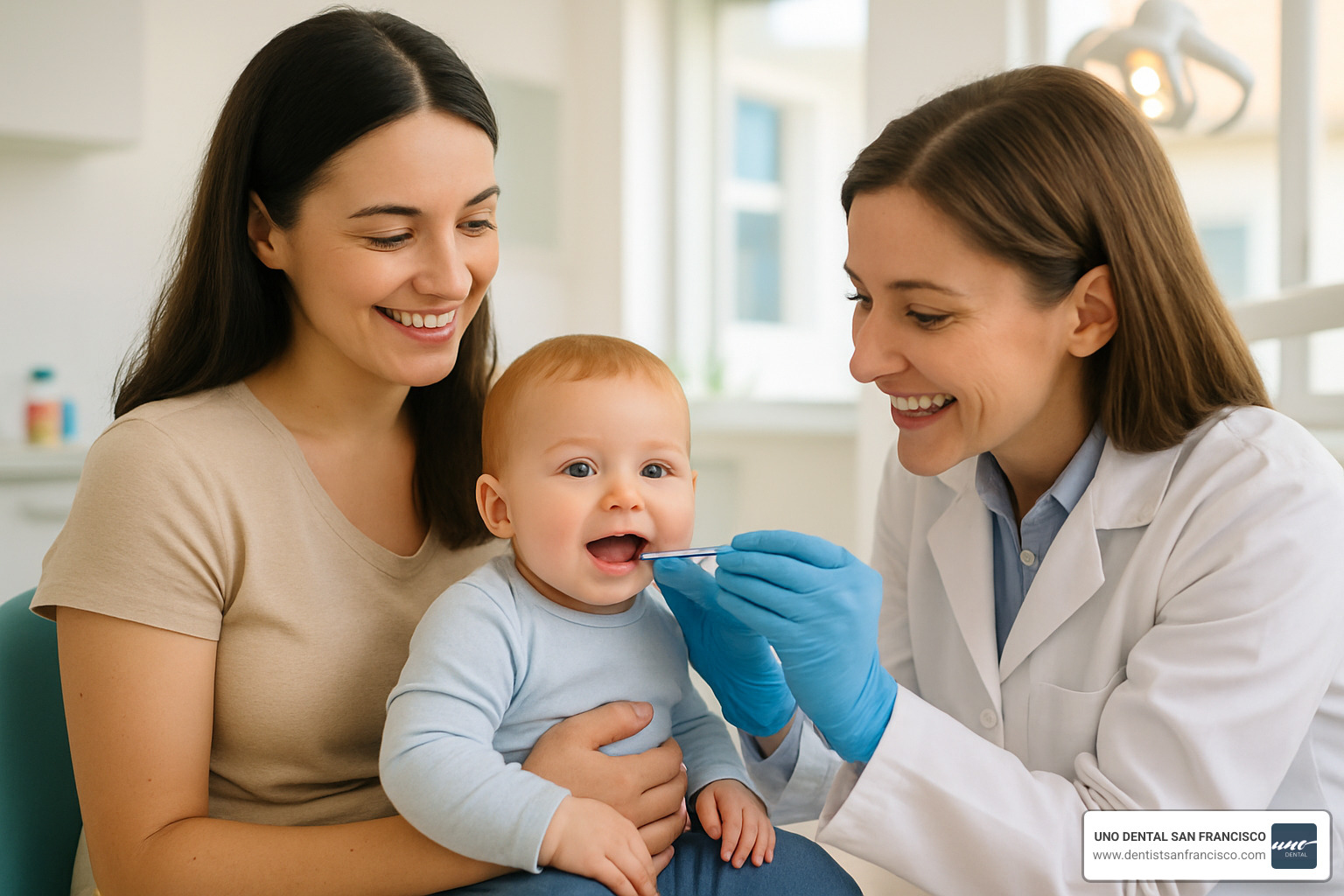 baby having first dental visit with parent and dentist - children dental