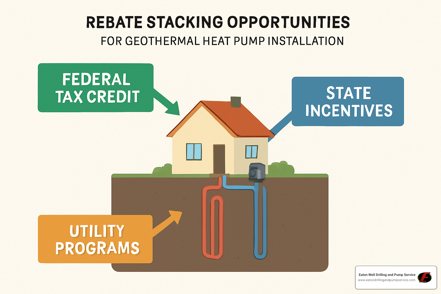 diagram showing rebate stacking opportunities including federal tax credits, state incentives, and utility programs - geothermal heat pump installation