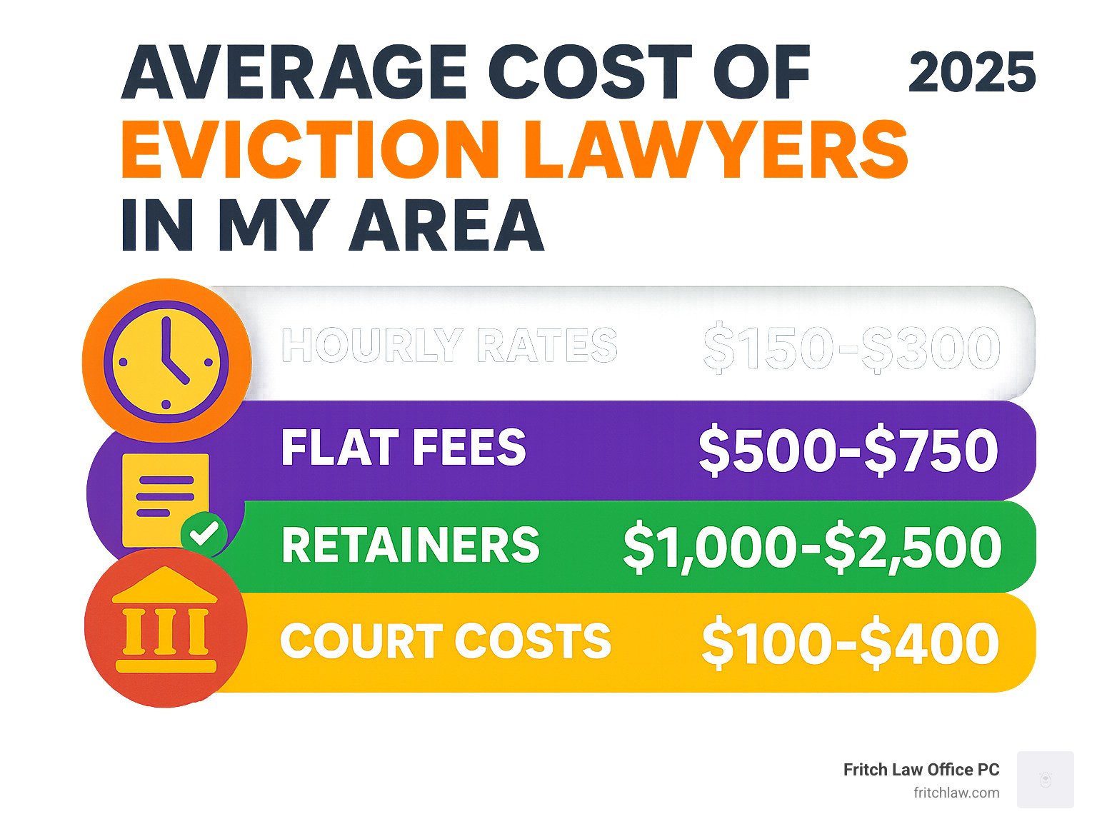 Infographic showing average costs of eviction lawyers by service type, including hourly rates, flat fees, retainers, and additional court costs across different regions - eviction lawyers in my area infographic 
