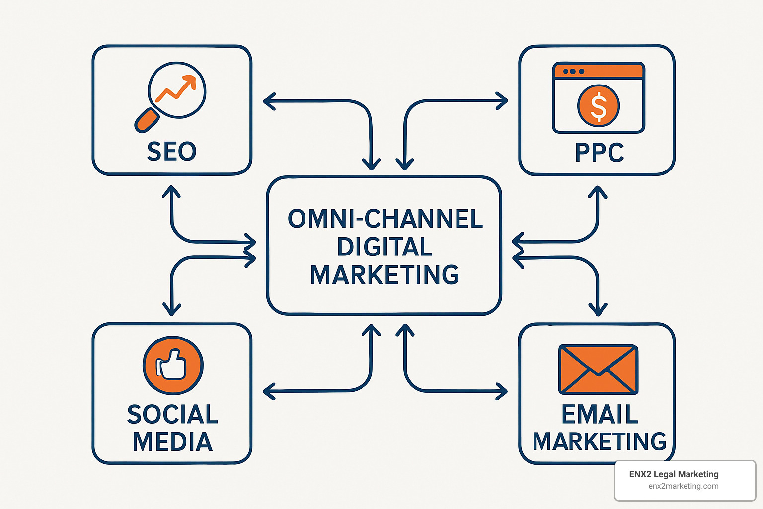 Omni-channel marketing flowchart showing how SEO, PPC, social media, and email marketing work together to create a comprehensive digital marketing strategy - harrisburg seo expert