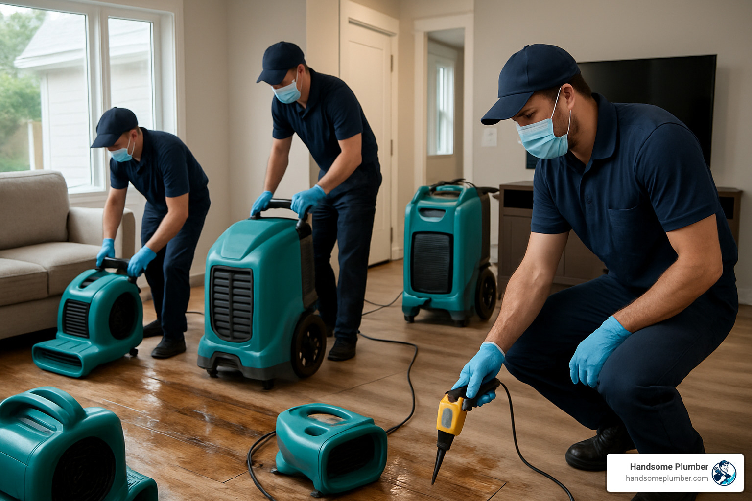 water damage restoration team with equipment - water damage restoration