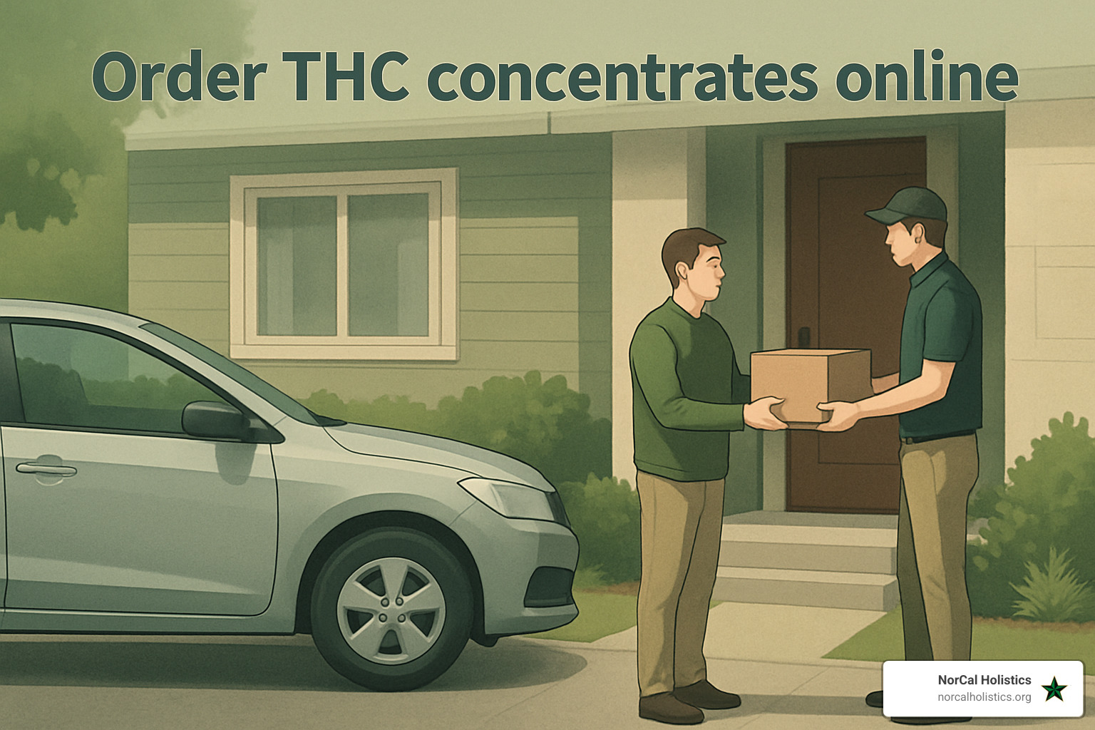 Discreet cannabis delivery scene showing a professional driver with unmarked vehicle delivering a plain brown package to a modern Sacramento home - Order THC concentrates online