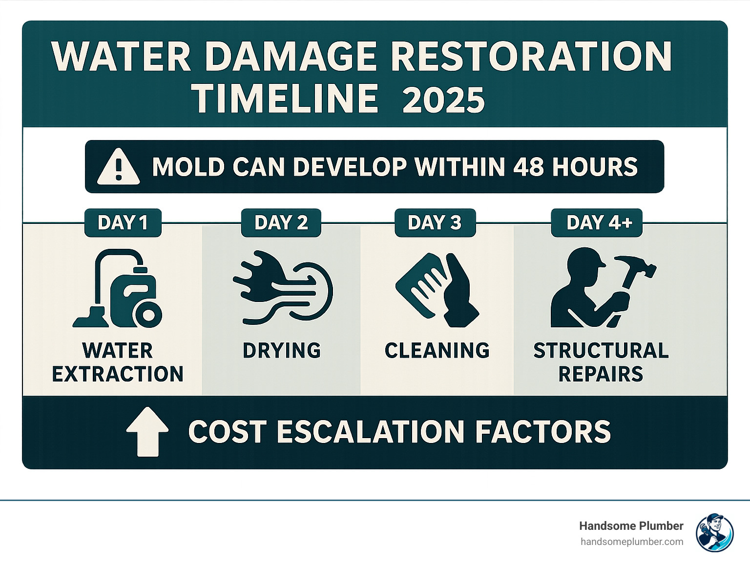 Water damage restoration timeline infographic showing critical 48-hour window for mold prevention, day-by-day progression from water extraction to structural repairs, and cost escalation factors - water damage restoration infographic 
