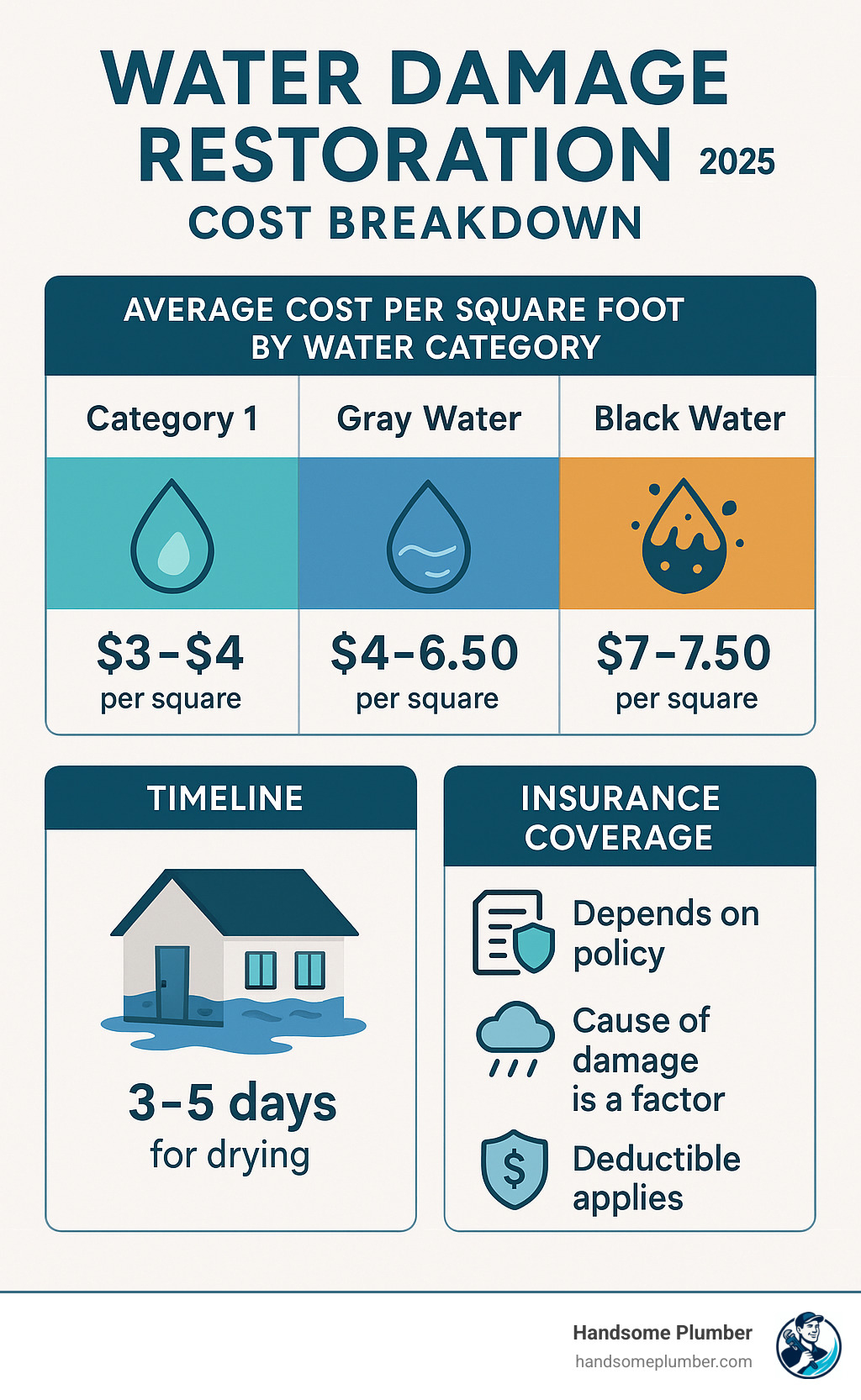 water damage restoration cost breakdown infographic showing average costs per square foot by water category, timeline expectations, and insurance coverage factors - water damage restoration infographic 
