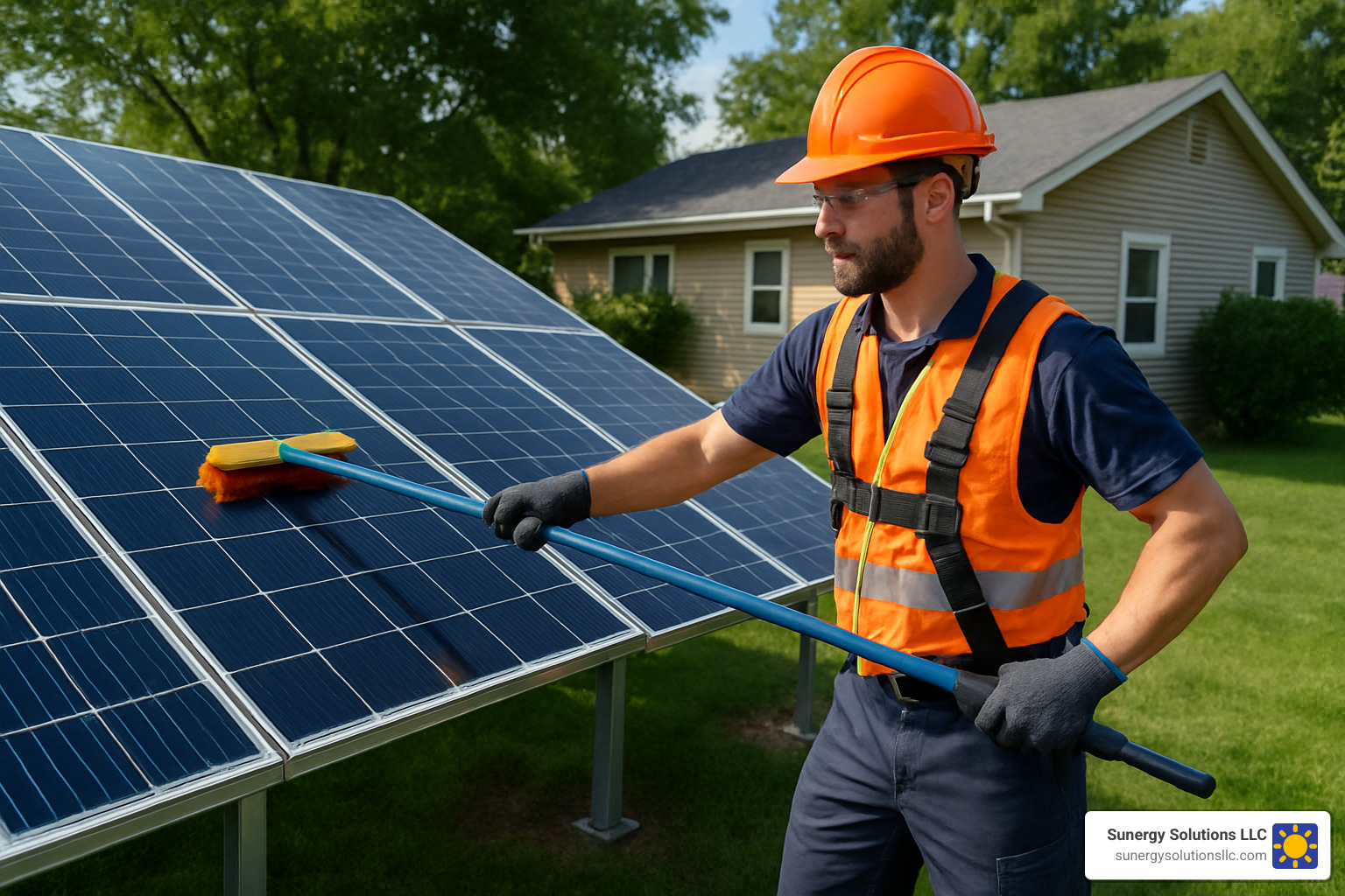 technician cleaning ground mount solar panels - residential ground mount solar