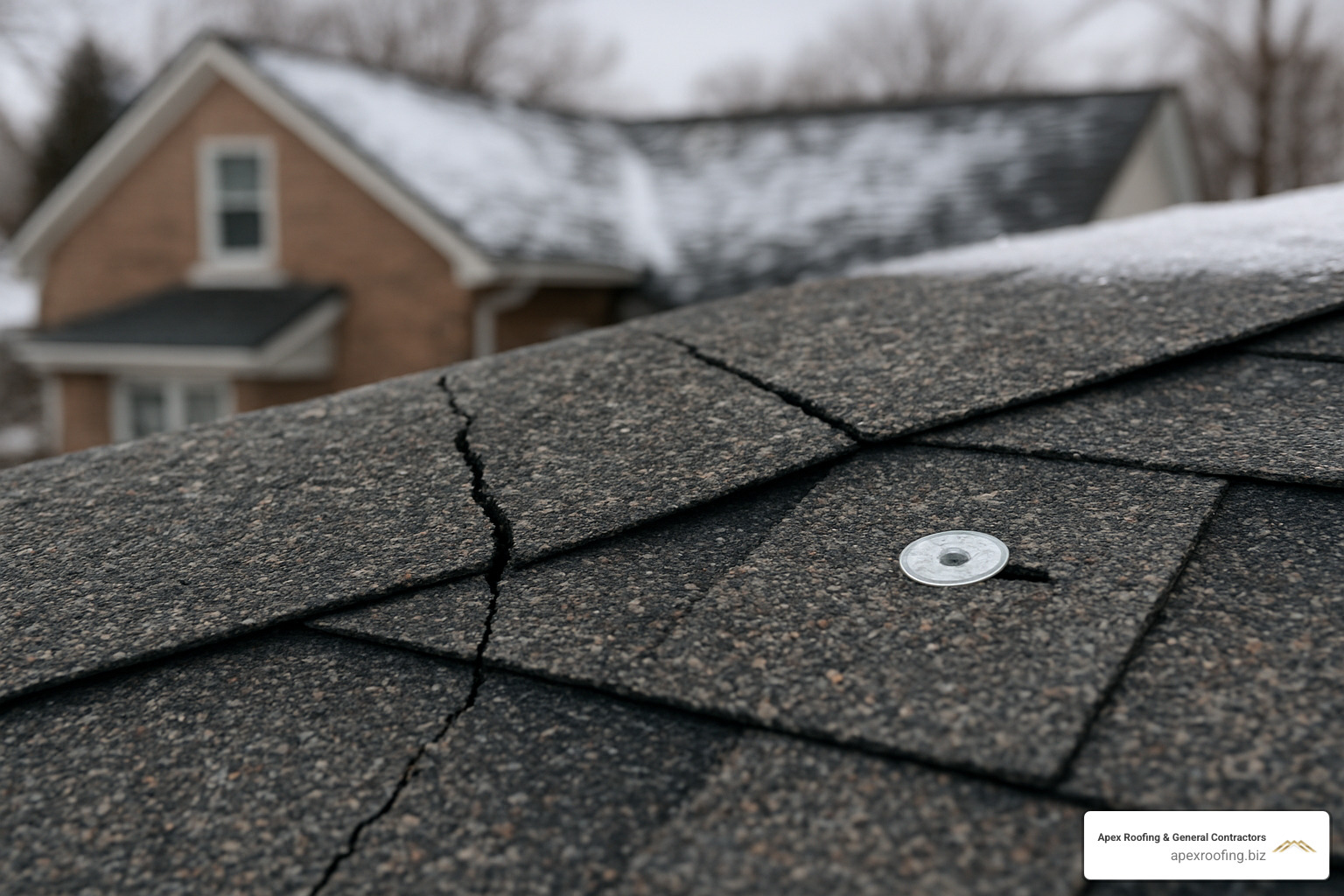 cracked shingle and over-driven nails examples - installing asphalt shingles in winter