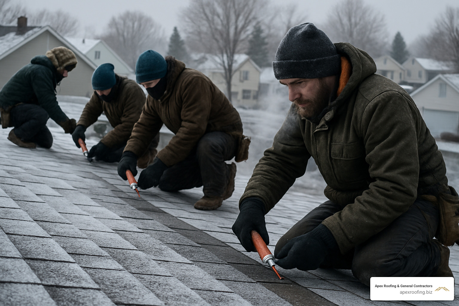 crew hand-sealing shingle tabs in winter conditions - installing asphalt shingles in winter