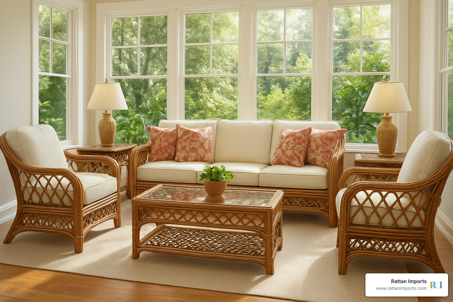 Complete living room grouping showcasing Spice Island rattan furniture including sofa, chairs, coffee table, and end tables arranged in a bright sunroom setting - spice island rattan furniture