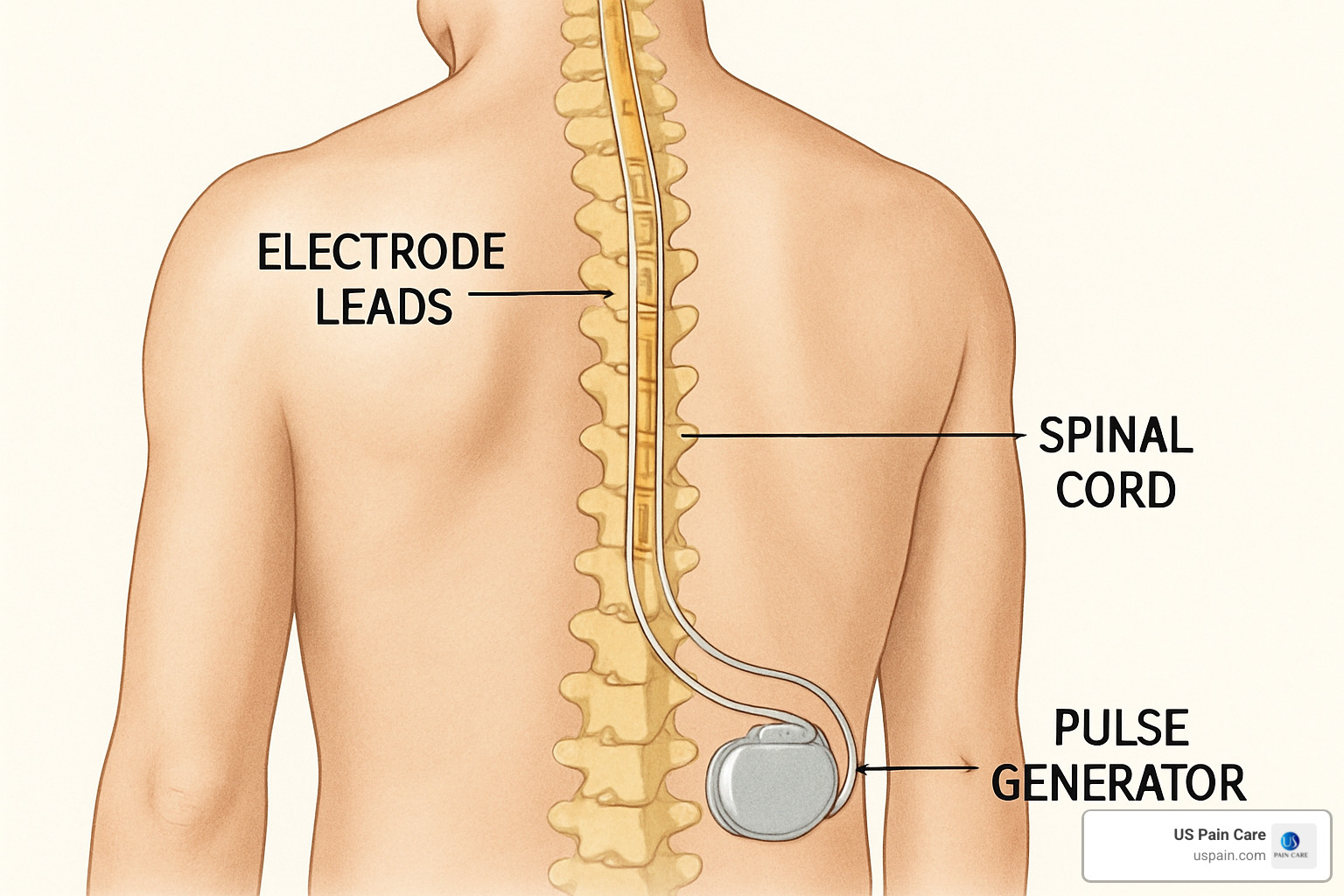 Detailed illustration of spinal cord stimulator placement showing the electrode leads positioned along the spinal cord and the pulse generator implanted under the skin - non-opioid pain solutions for severe chronic back pain Detailed illustration of spinal cord stimulator placement showing the electrode leads positioned along the spinal cord and the pulse generator implanted under the skin - non-opioid pain solutions for severe chronic back pain
