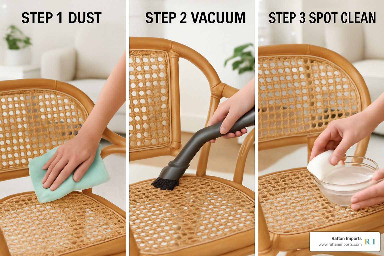 Step-by-step cleaning guide showing proper care techniques for rattan furniture including dusting, vacuuming crevices, and spot cleaning with mild soap - spice island rattan furniture