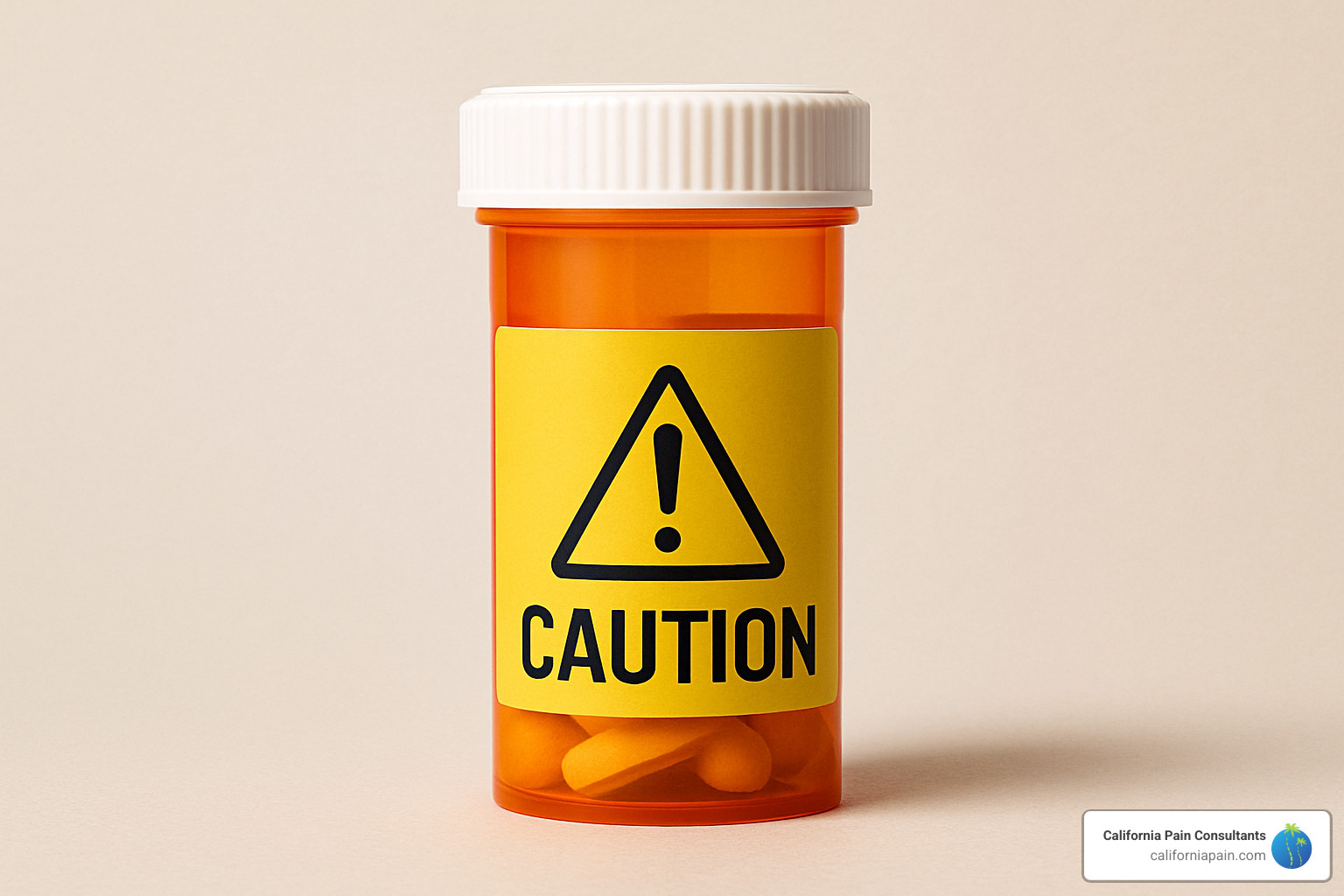 pill bottle with caution warning label - back pain medication