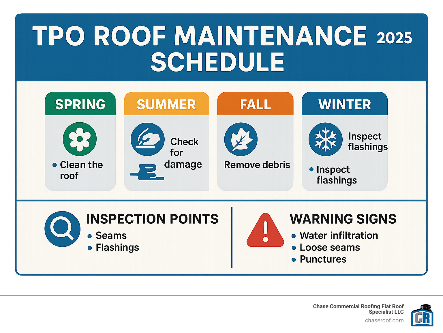 Infographic showing TPO roof maintenance schedule with seasonal tasks, inspection points, and warning signs that require professional attention - installation of tpo roofing infographic 