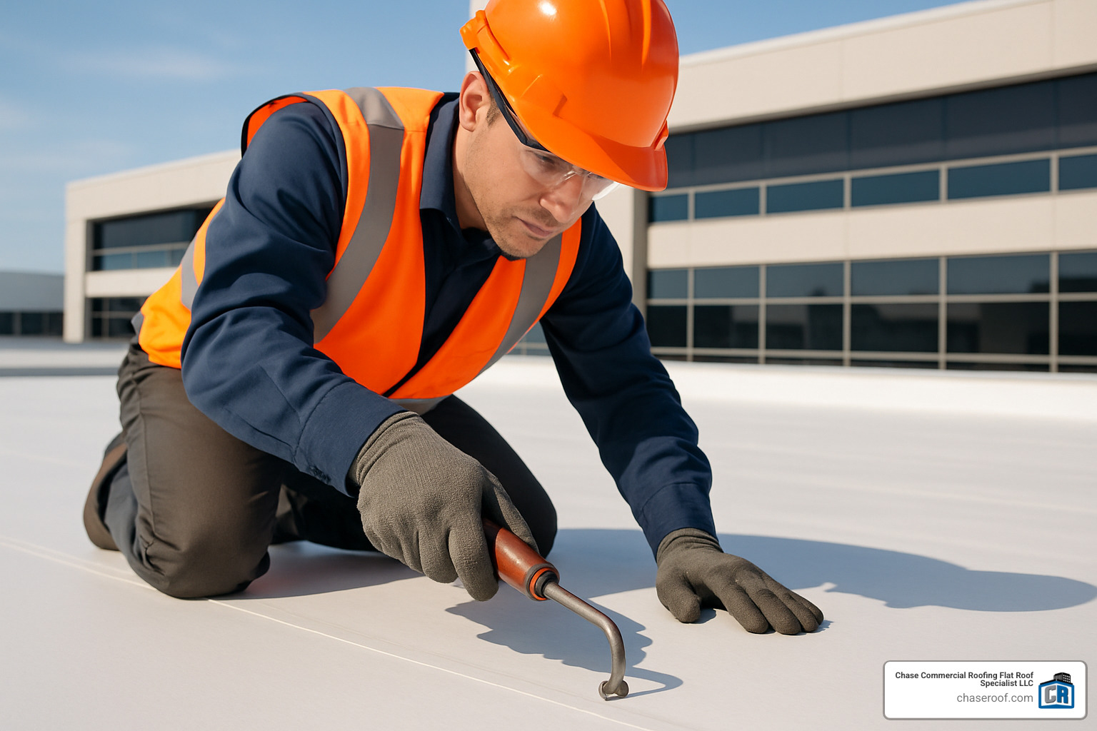 Technician inspecting TPO roof seam with probe tool - installation of tpo roofing