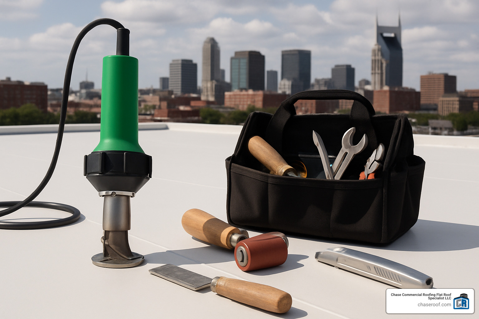 Professional TPO installation tools laid out on roof deck - installation of tpo roofing