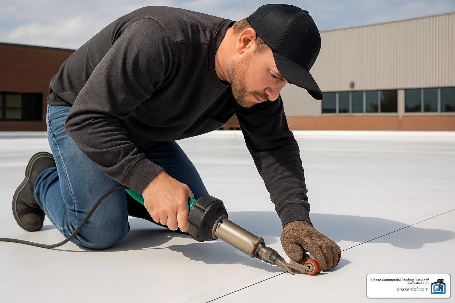 Professional using hand welder on TPO membrane seam - installation of tpo roofing