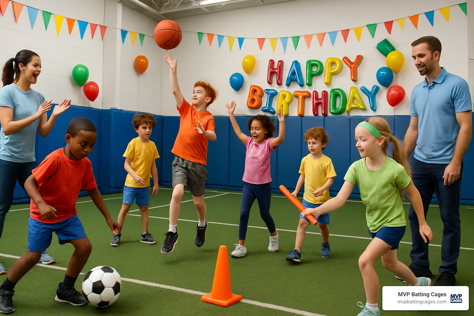 Active children playing various sports at a birthday party with proper supervision - sports birthday parties
