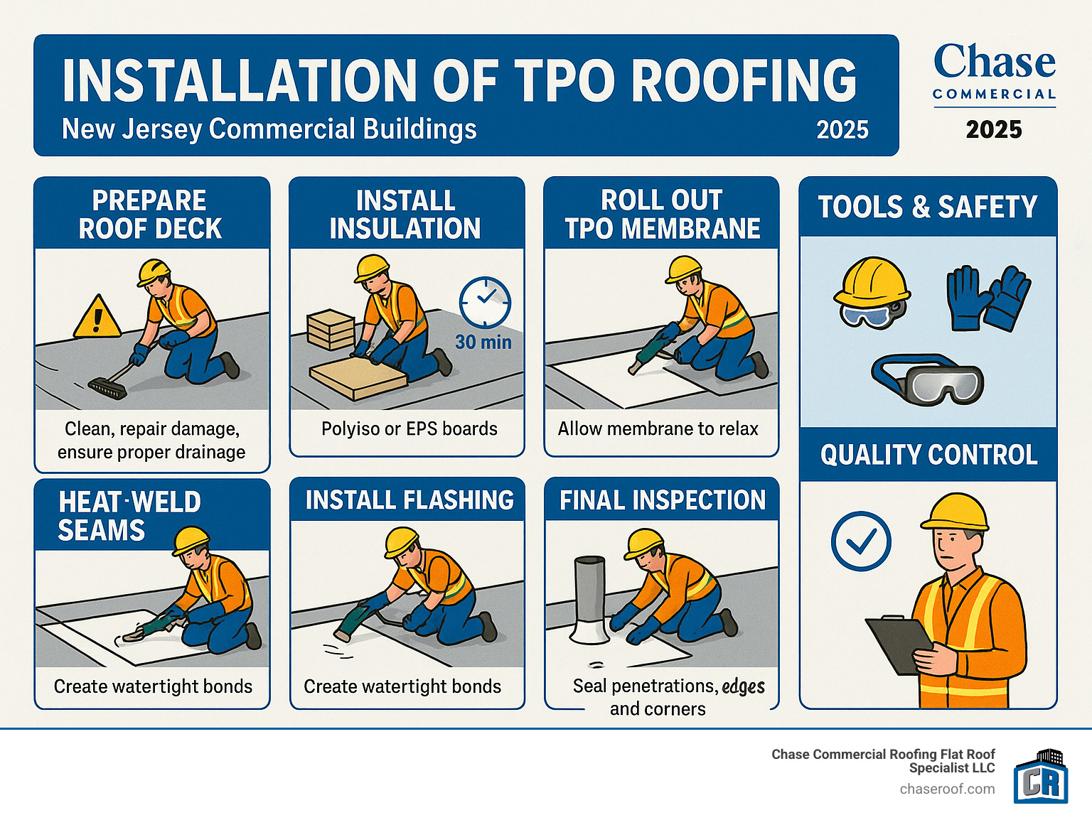 Detailed infographic showing TPO installation process from deck preparation through final inspection, including tools required, safety considerations, and quality control checkpoints for New Jersey commercial buildings - installation of tpo roofing infographic 