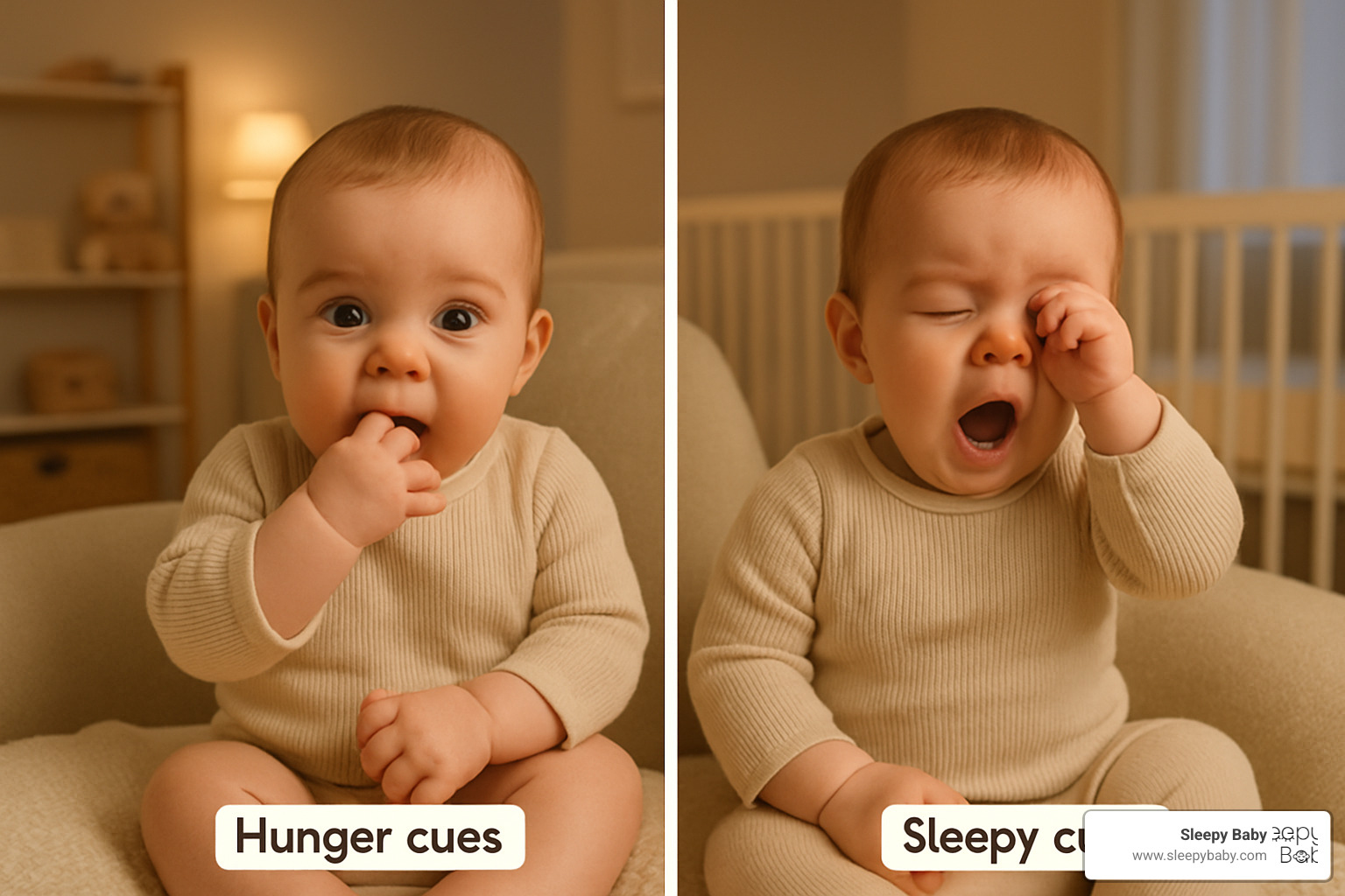 Baby showing hunger cues vs sleepy cues comparison - 6 month old night feeding