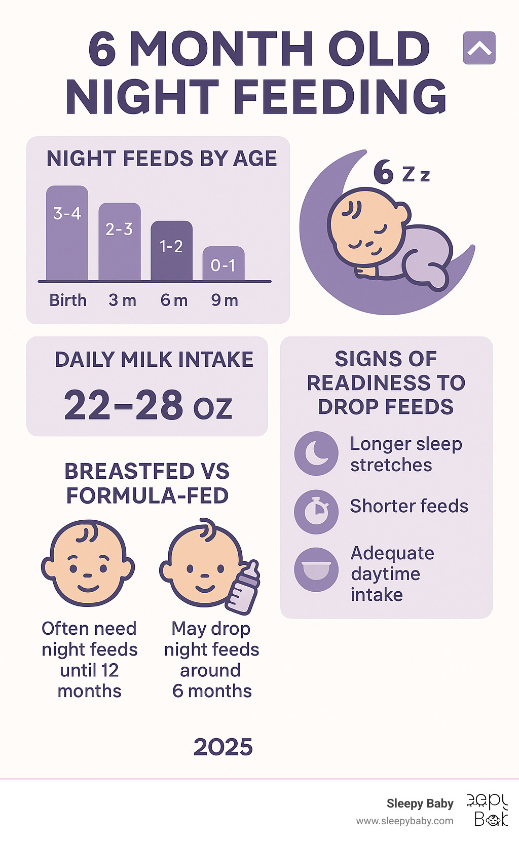 Detailed infographic showing 6 month old night feeding timeline from birth to 12 months, including typical number of night feeds by age, daily milk intake requirements, signs of readiness to drop feeds, and comparison between breastfed vs formula-fed babies' weaning patterns - 6 month old night feeding infographic 