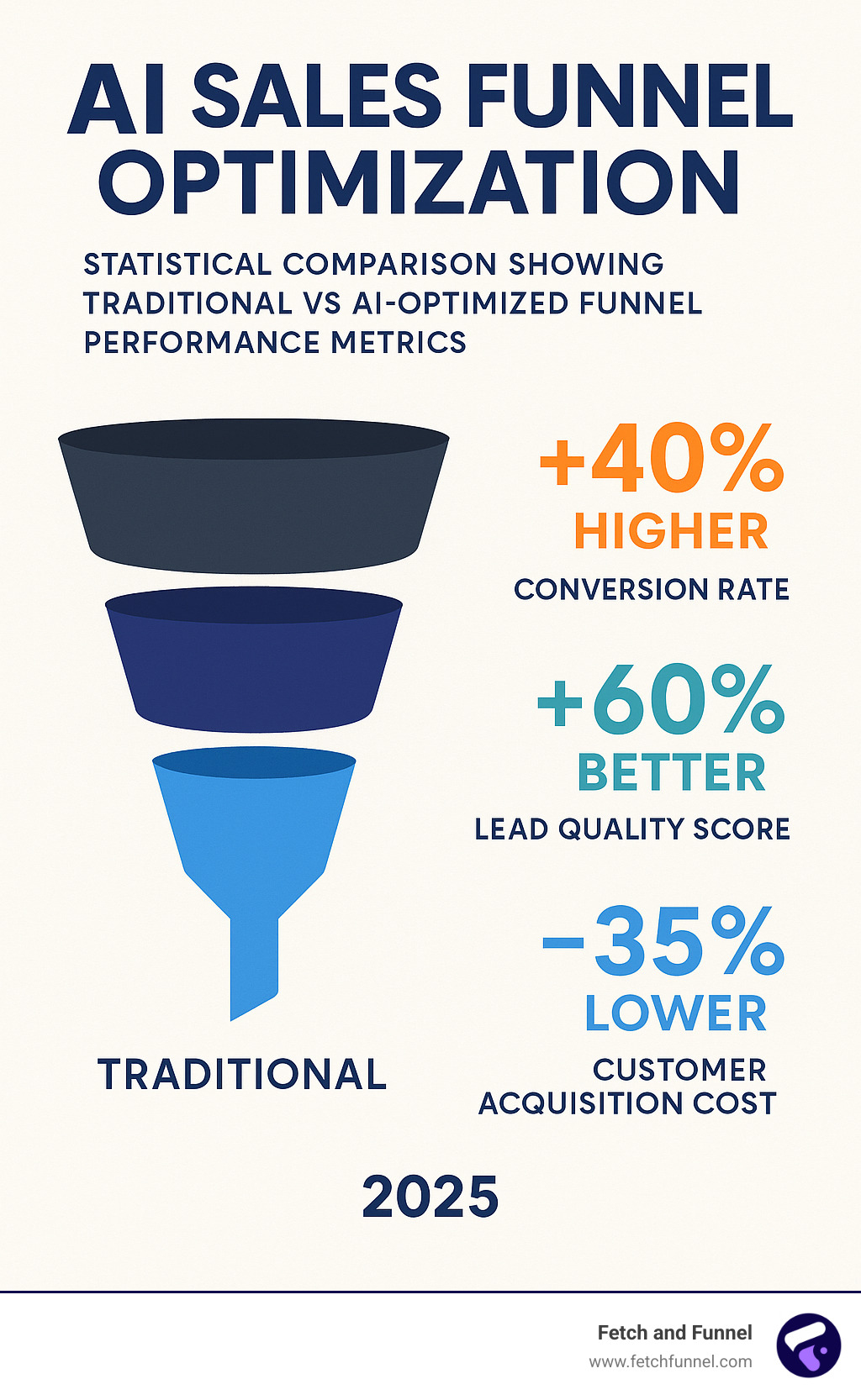 Statistical comparison showing traditional vs AI-optimized funnel performance metrics including 40% higher conversion rates, 60% better lead quality scores, and 35% lower customer acquisition costs - ai sales funnel optimization infographic