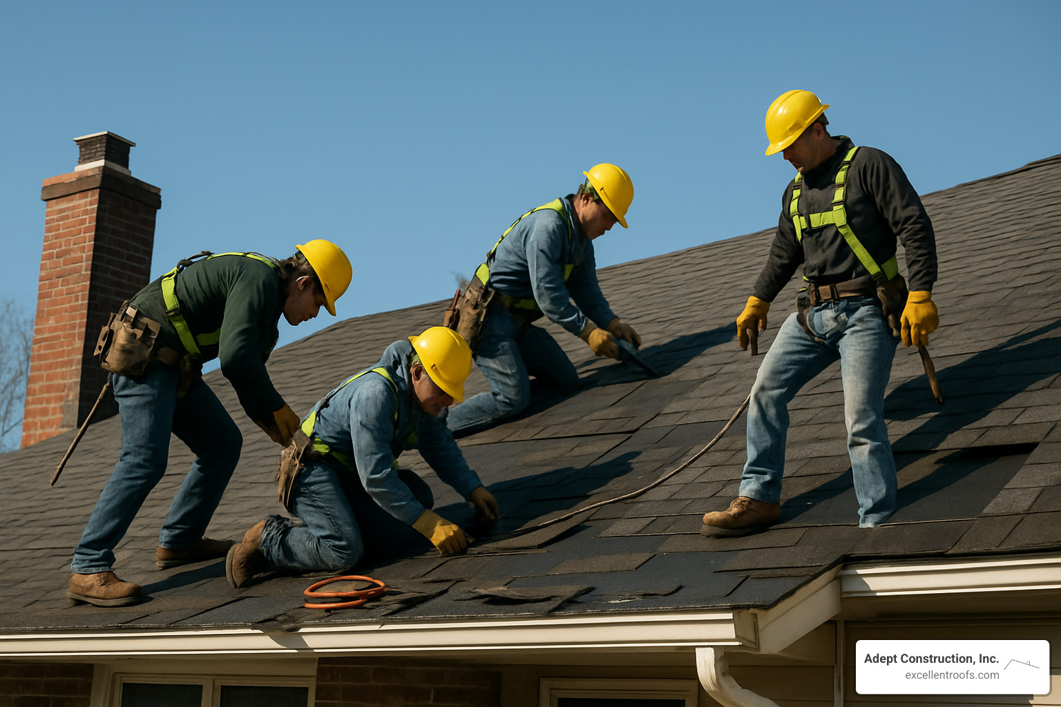 Roofing crew wearing safety harnesses and proper protective equipment - naperville il roof repair
