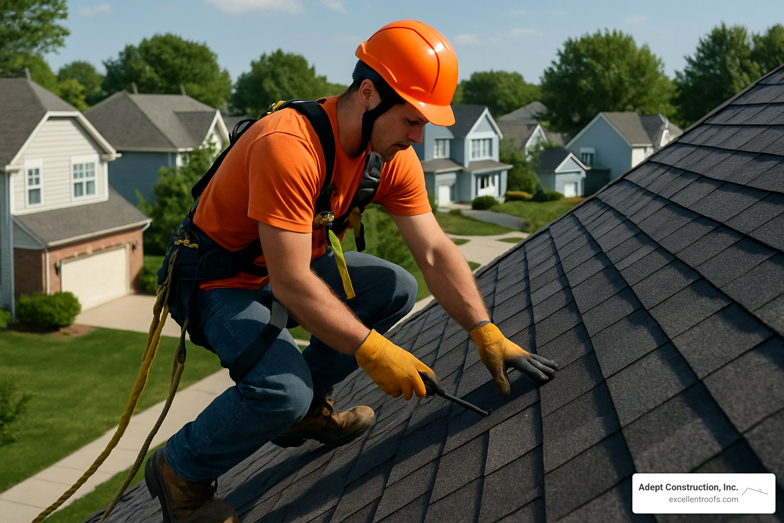 Professional roofer working on steep slope with safety equipment - naperville il roof repair