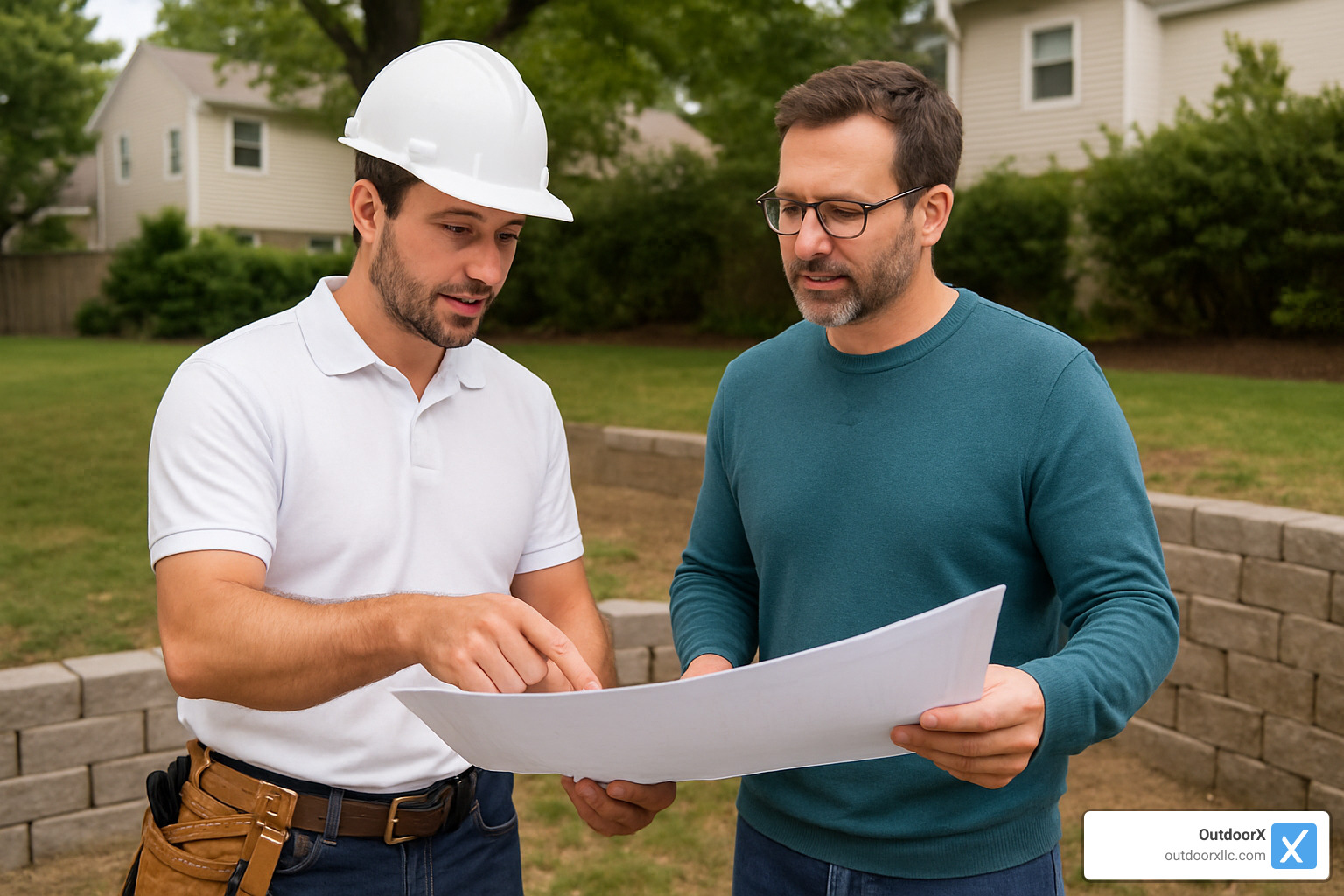 contractor meeting with homeowner - concrete retaining wall contractors near me
