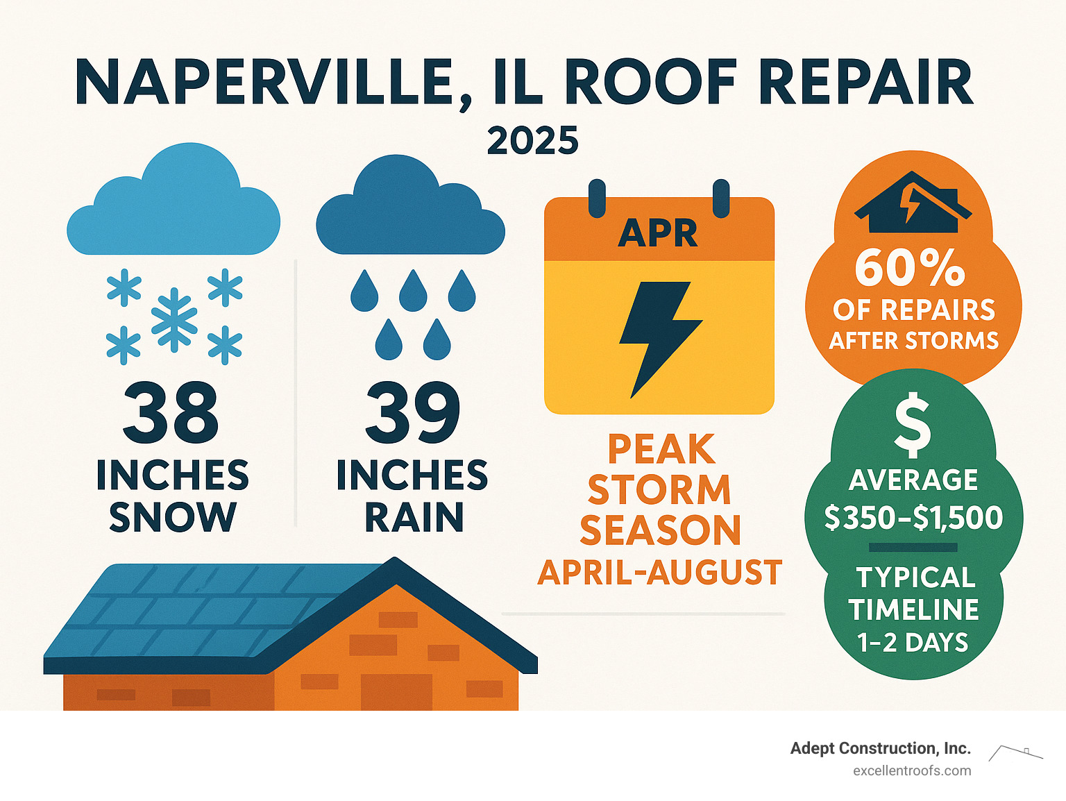 Infographic showing Naperville's annual weather patterns: 38 inches snow, 39 inches rain, peak storm season April-August, with corresponding roof damage statistics showing 60% of repairs needed after storm events, average repair costs $350-1500, and typical completion timeline of 1-2 days - naperville il roof repair infographic
