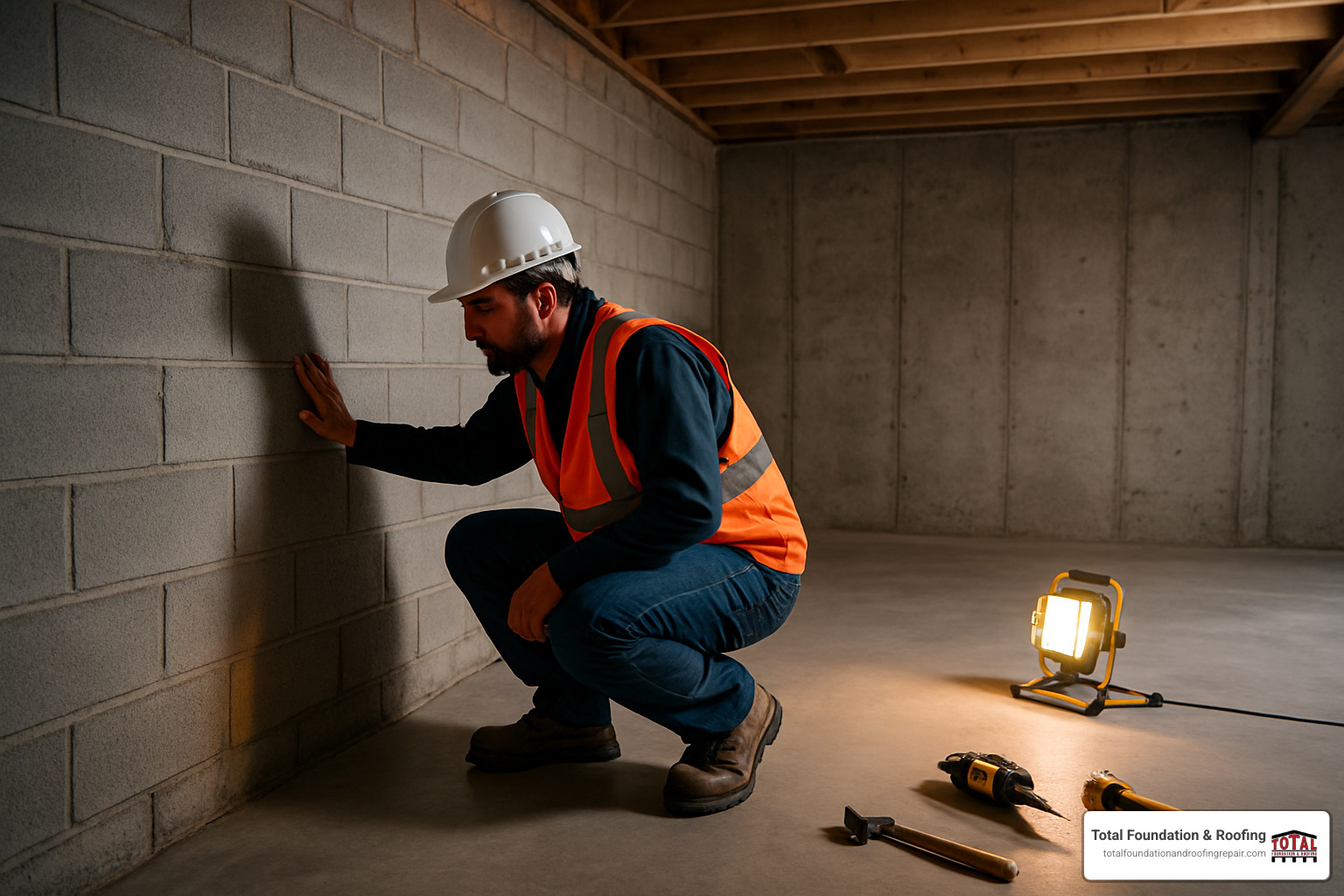 contractor inspecting basement foundation - basement contractor san antonio