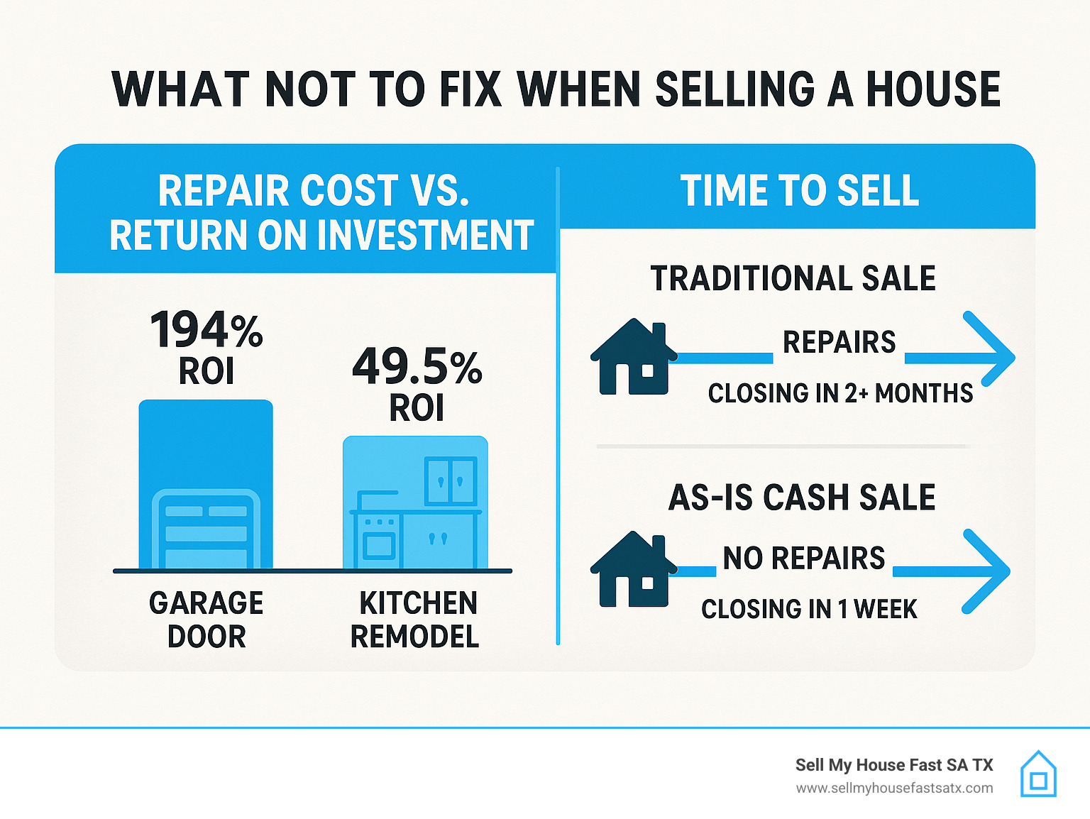 Infographic showing repair costs versus return on investment, with items like garage doors showing 194% ROI while kitchen remodels show only 49.5% ROI - what not to fix when selling a house