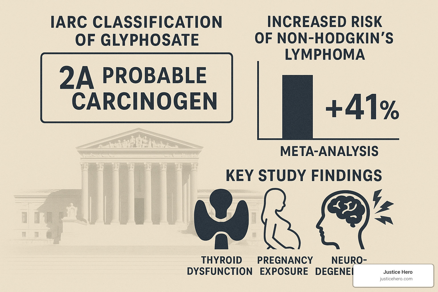 Scientific evidence visualization showing IARC classification, meta-analysis results, and key study findings that support Roundup cancer claims - roundup lawsuit settlement update