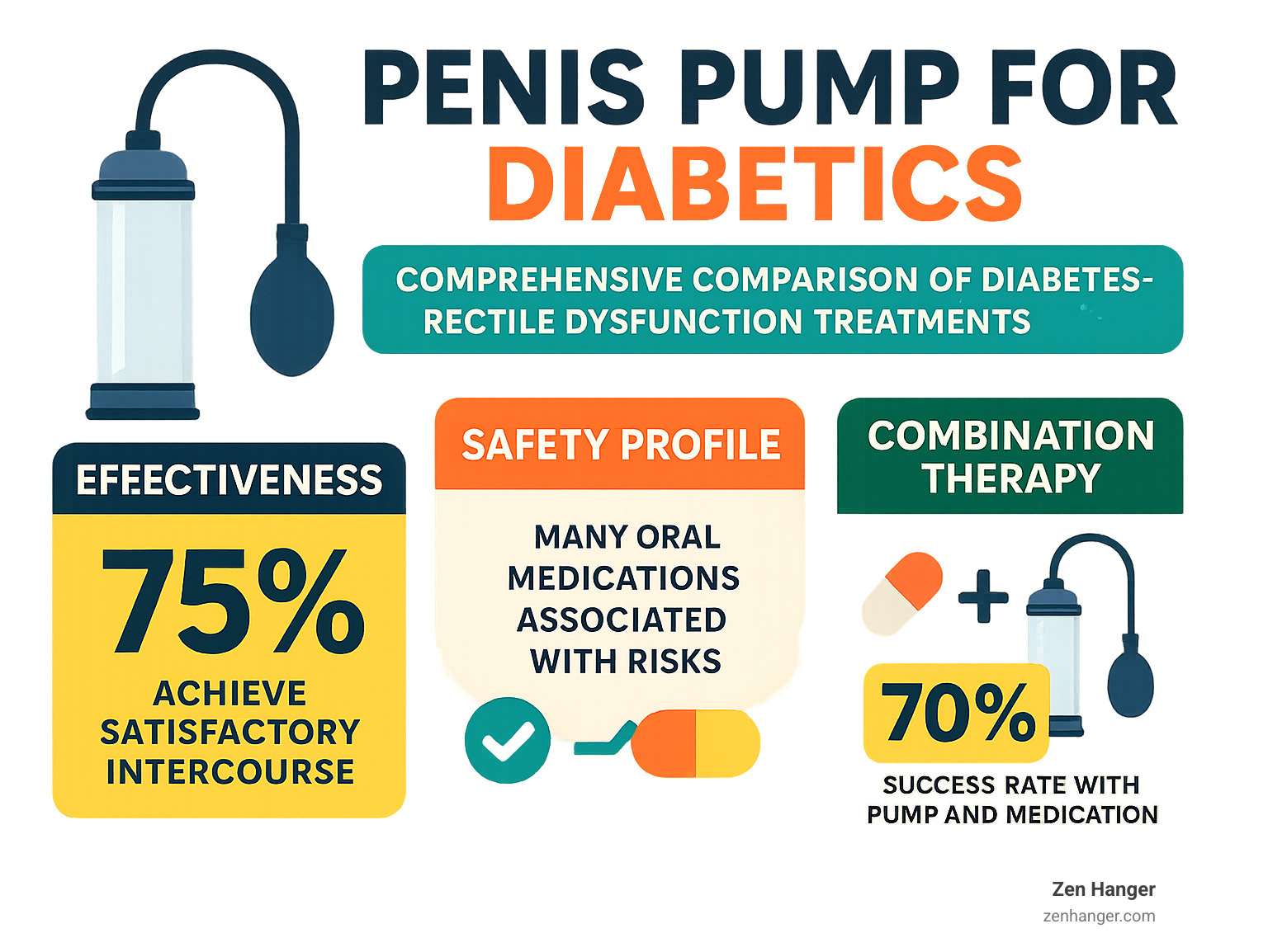 Comprehensive comparison of diabetes-related erectile dysfunction treatments showing vacuum pump effectiveness, safety profile, and combination therapy options for diabetic men - penis pump for diabetics infographic 