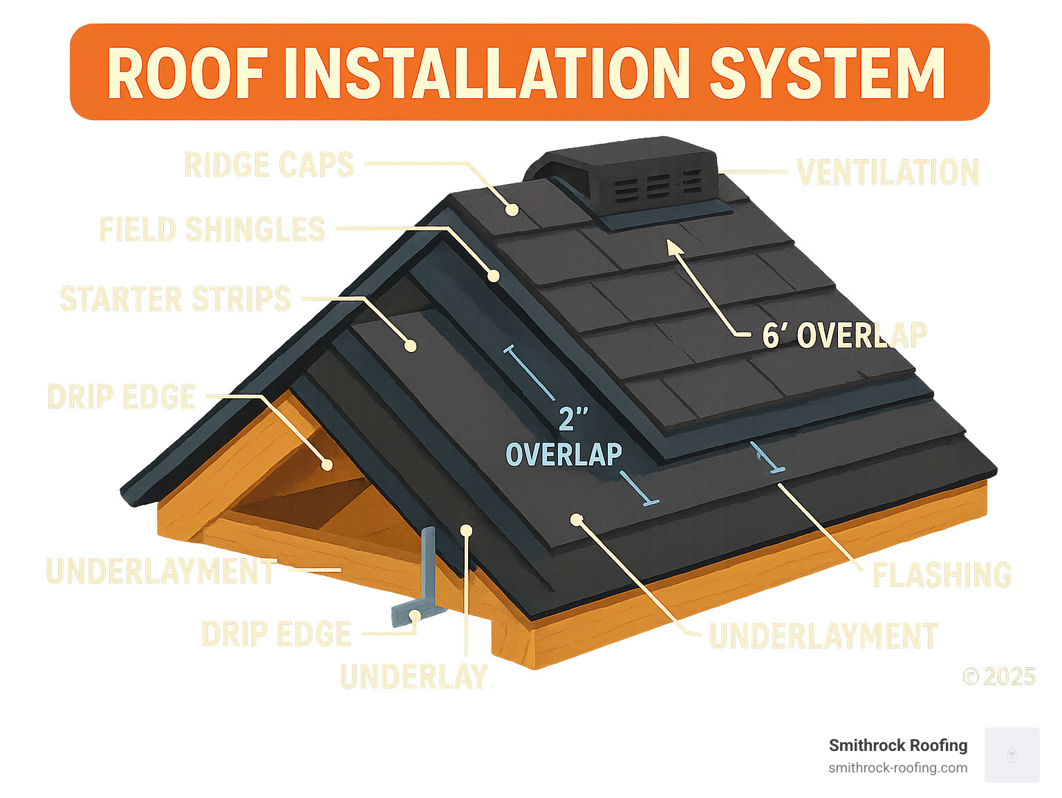 Detailed roof installation system diagram showing layers from decking to shingles, including underlayment, drip edge, flashing, starter strips, field shingles, ridge caps, and ventilation components with proper overlap specifications - roof installation infographic Detailed roof installation system diagram showing layers from decking to shingles, including underlayment, drip edge, flashing, starter strips, field shingles, ridge caps, and ventilation components with proper overlap specifications - roof installation infographic