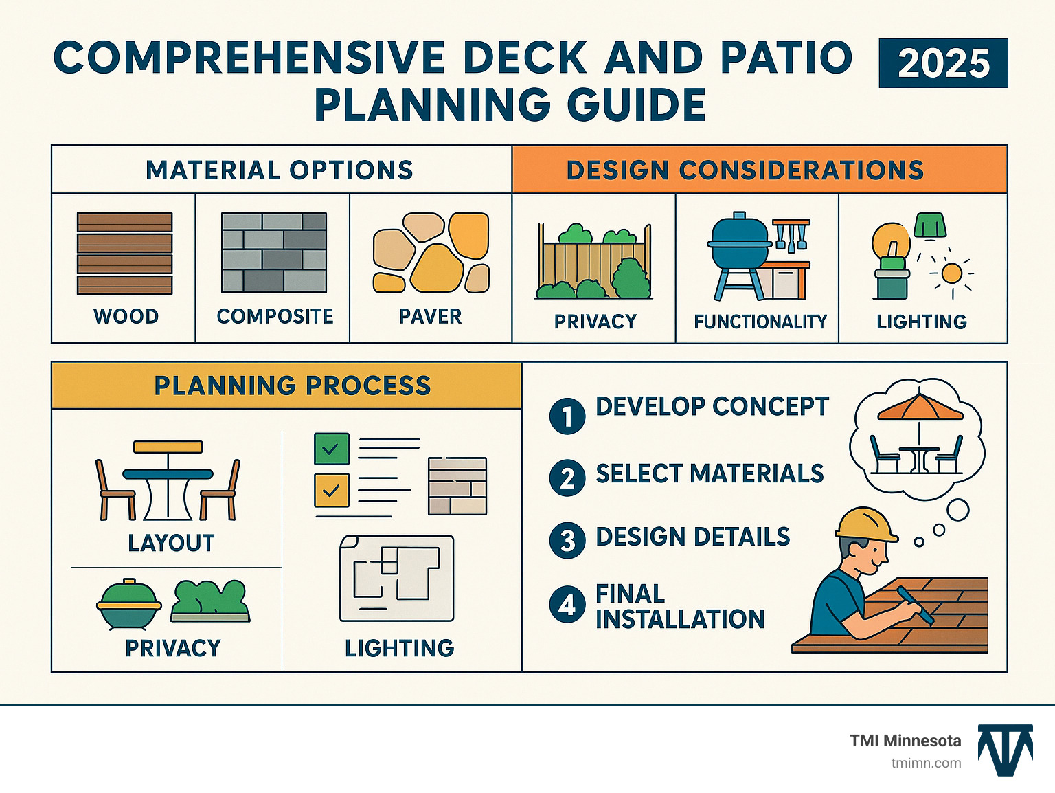 Comprehensive deck and patio planning guide showing material options, design considerations, and step-by-step planning process from initial concept to final installation - Deck and patio designs infographic 