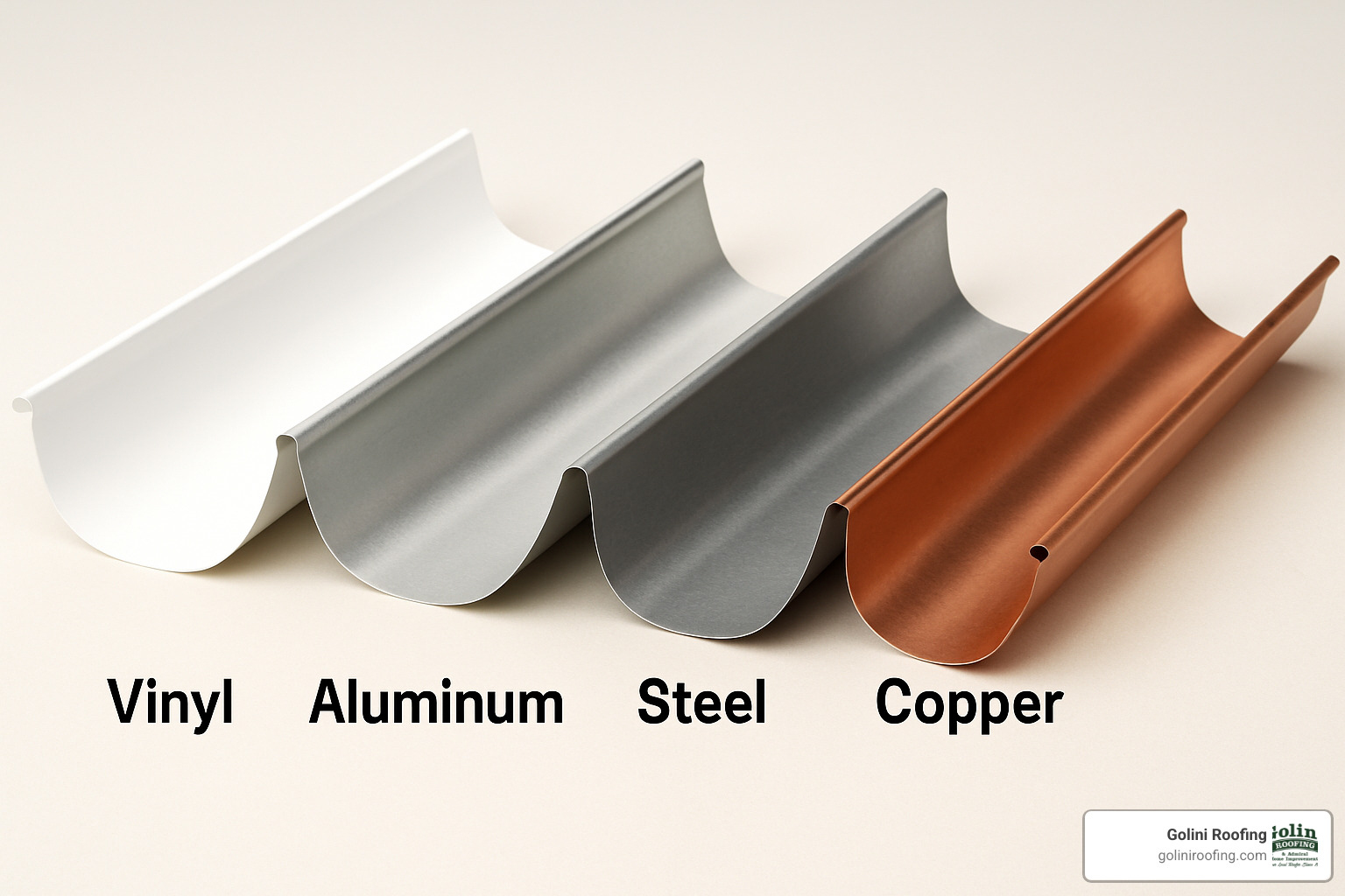Different gutter materials displayed side by side showing vinyl, aluminum, steel, and copper options - cost to replace gutters per foot
