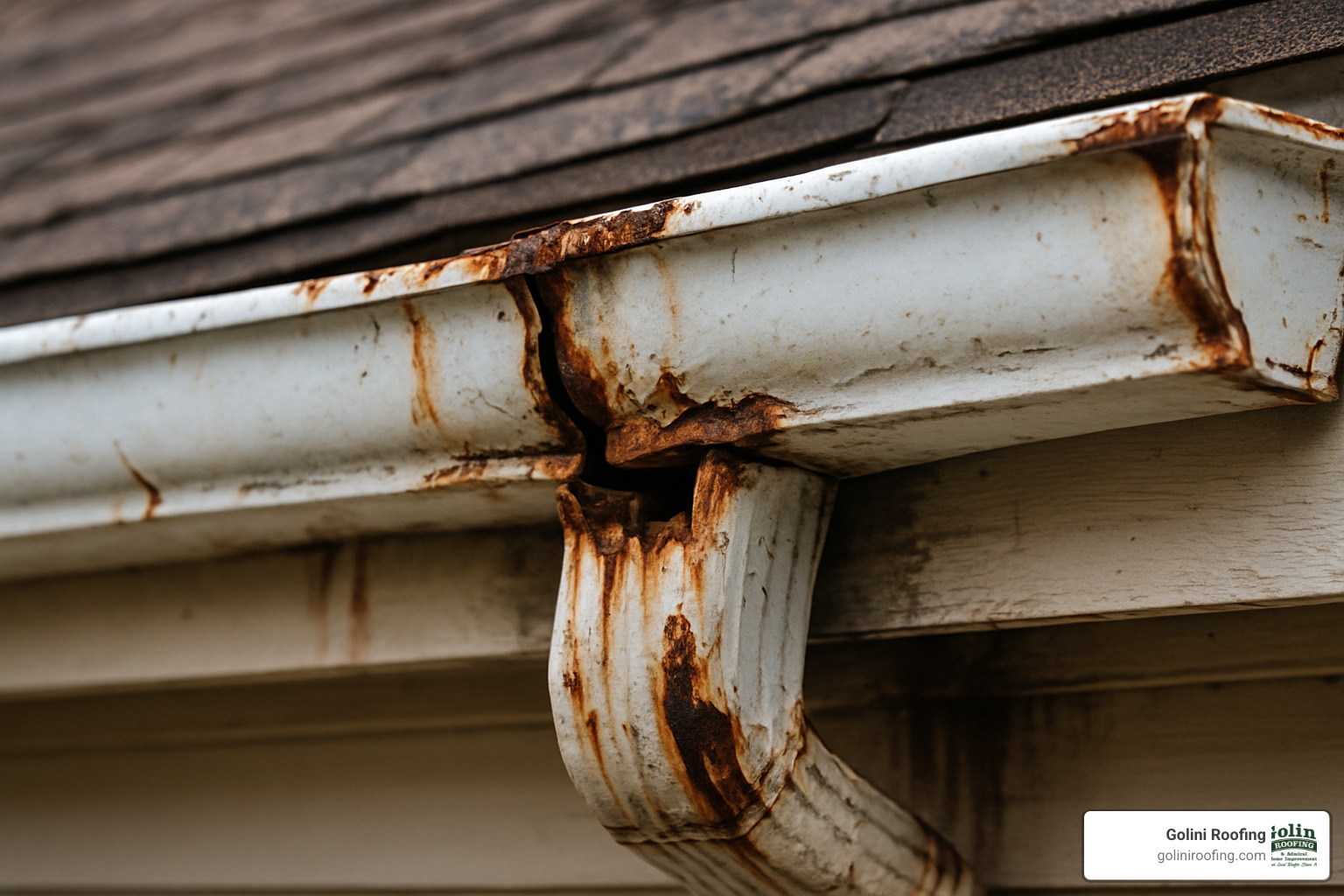 Damaged gutters showing signs of wear including rust, sagging, and separation - cost to replace gutters per foot