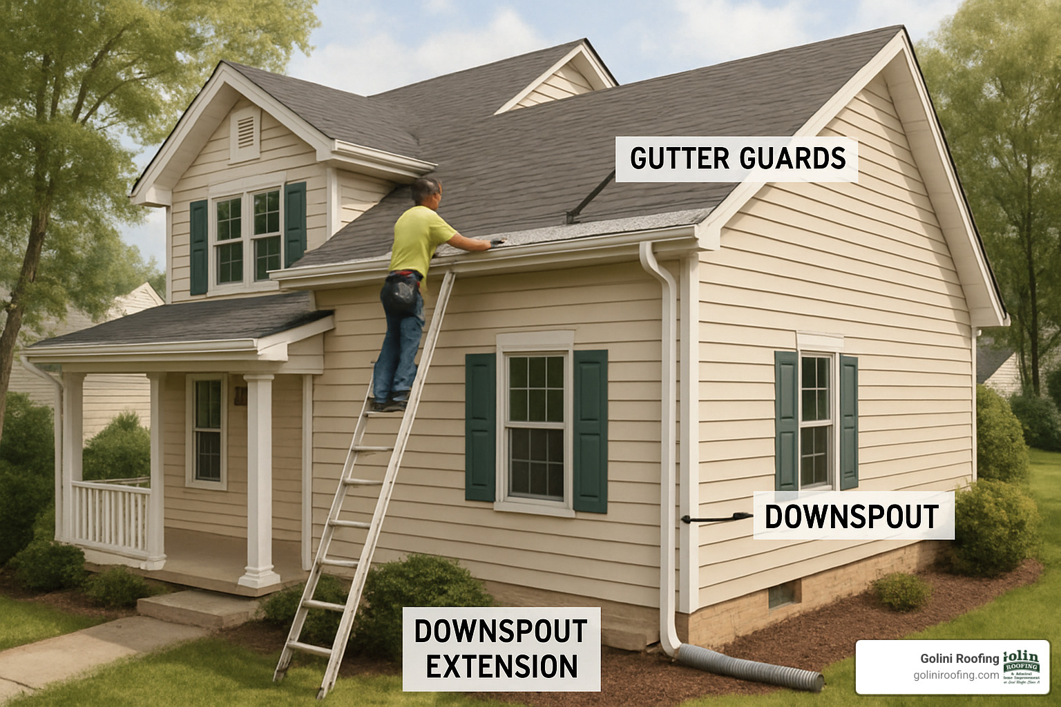 Gutter installation showing various add-ons like guards, downspouts, and extensions - cost to replace gutters per foot