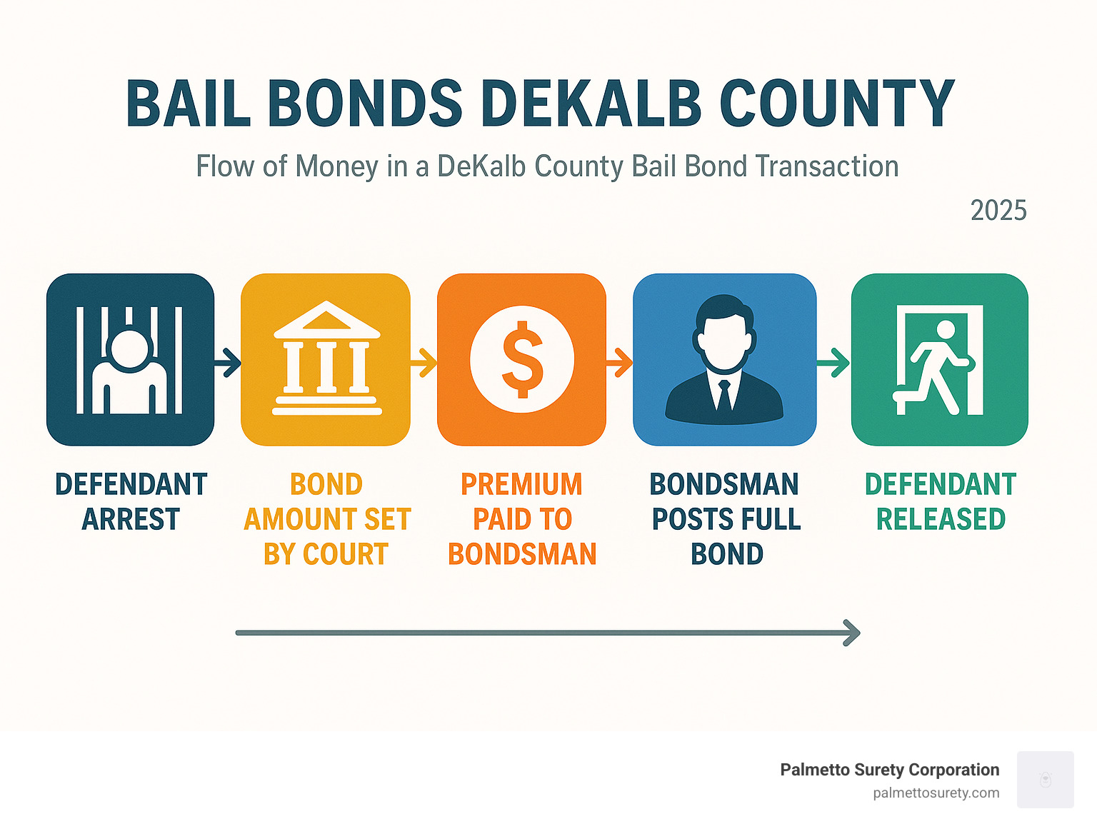 Infographic showing the flow of money in a dekalb county bail bond transaction, including defendant arrest, bond amount set by court, premium paid to bondsman, bondsman posts full bond, defendant released, and final case resolution - bail bonds dekalb county infographic