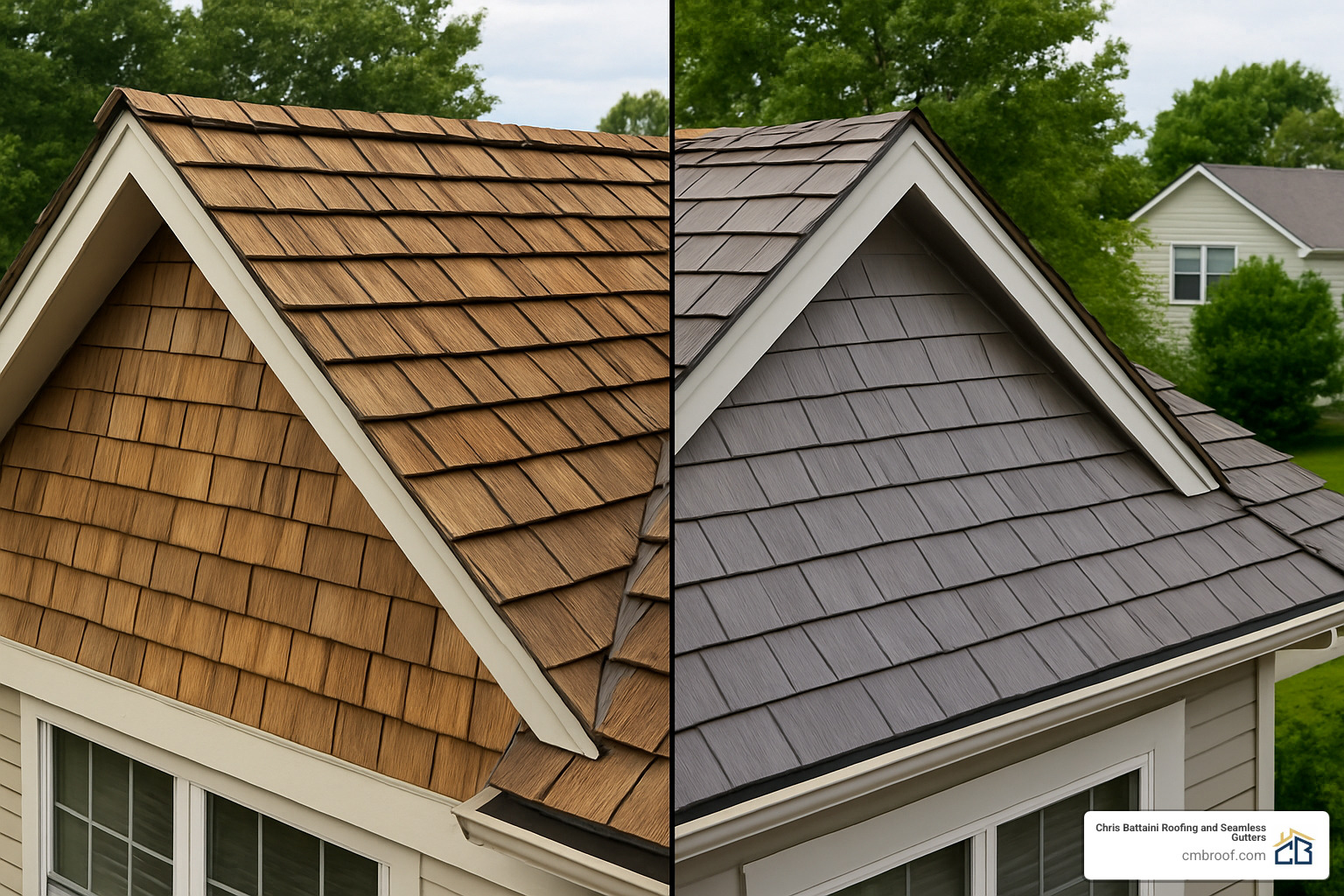 side-by-side of natural vs synthetic shakes - cedar roofs