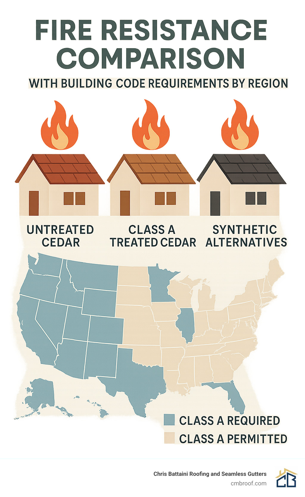 Fire resistance comparison between untreated cedar, Class A treated cedar, and synthetic alternatives with building code requirements by region - cedar roofs infographic 