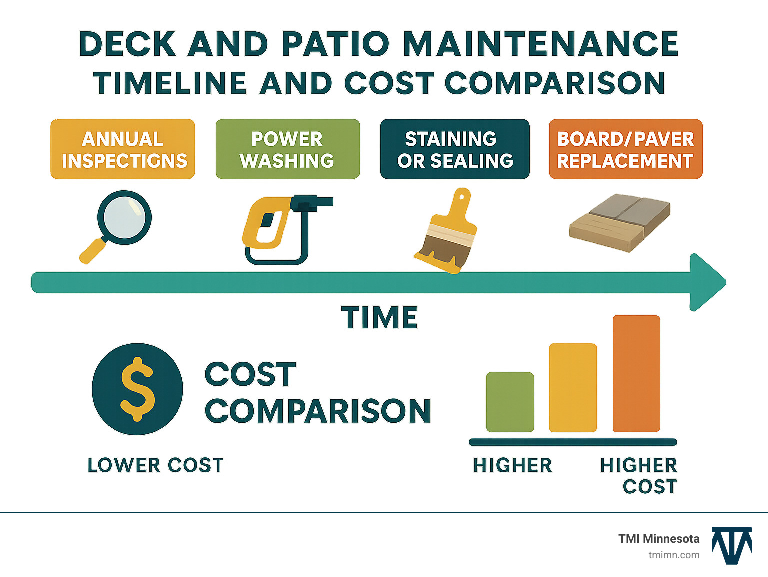 deck and patio maintenance timeline and cost comparison chart - Deck and patio designs infographic 