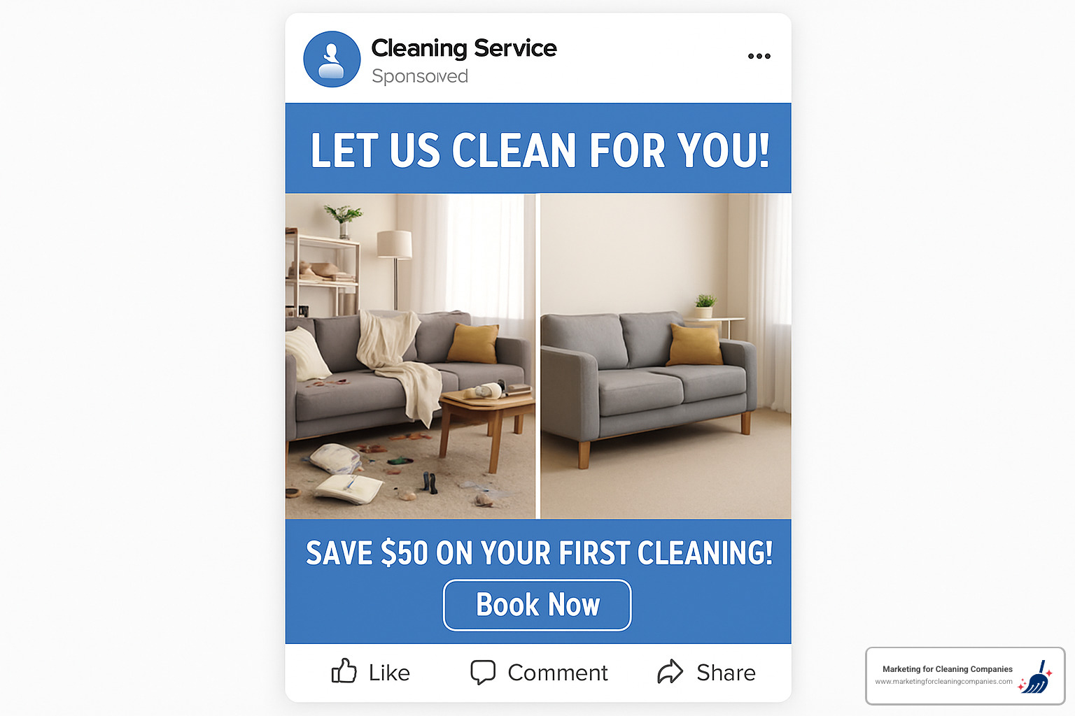 Facebook Ad mockup for cleaning business showing before/after photos and clear call-to-action - social media marketing for cleaning business
