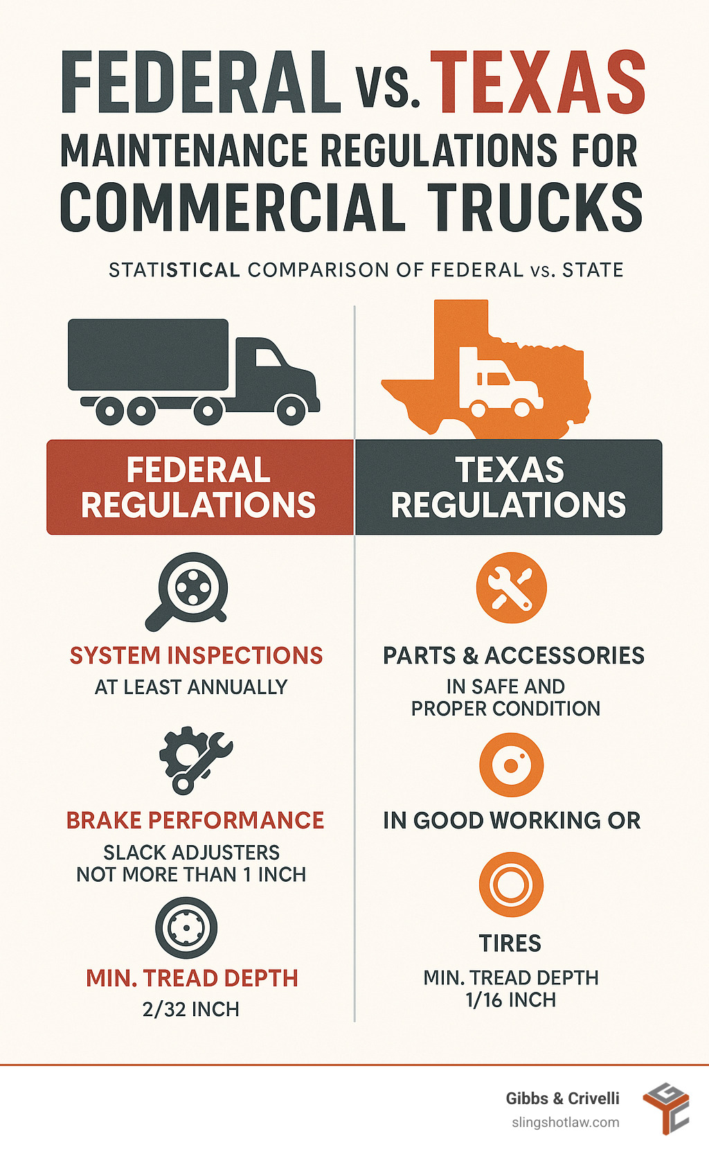 Statistical comparison of federal vs Texas maintenance regulations for commercial trucks - austin poor truck maintenance accident attorney infographic 