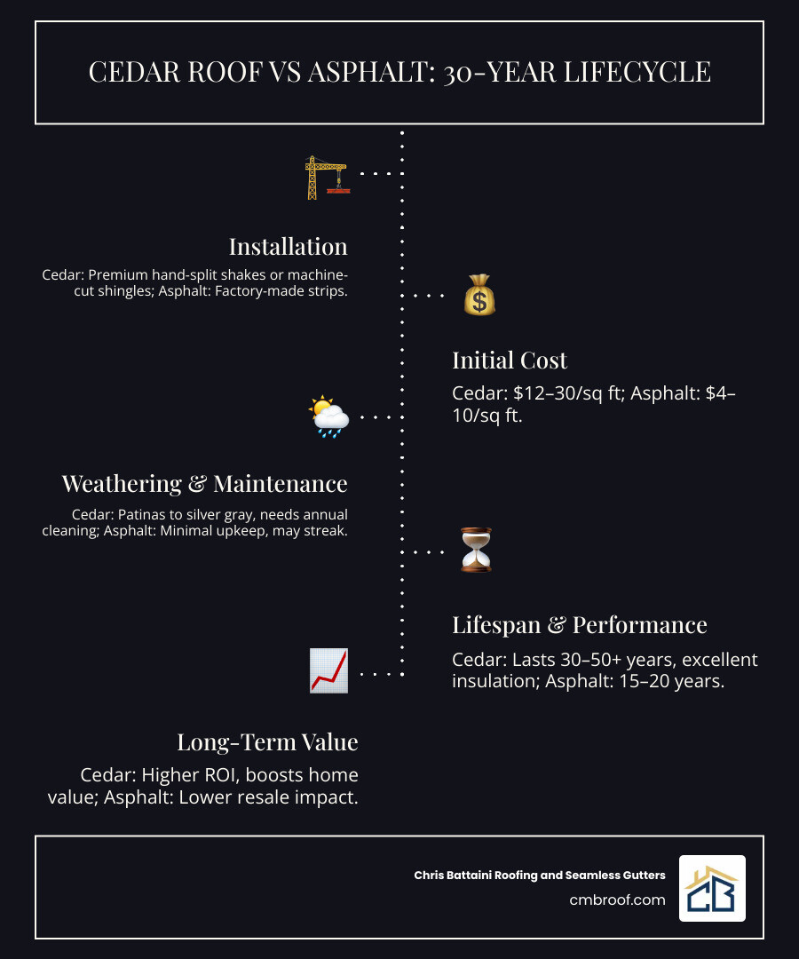 Cedar roof lifecycle comparison showing installation, weathering phases, maintenance requirements, and lifespan versus asphalt shingles with cost-benefit analysis over 30 years - cedar roofs infographic infographic-line-5-steps-dark