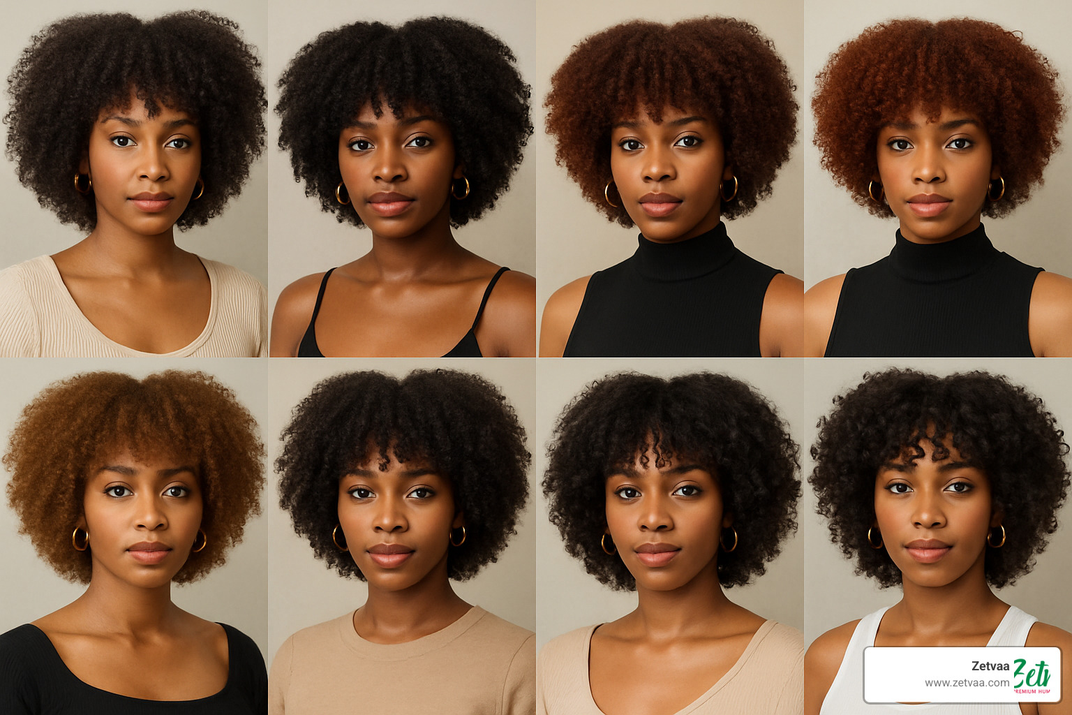 Collage showing various afro wig with bangs textures and styles - Afro wig with bangs