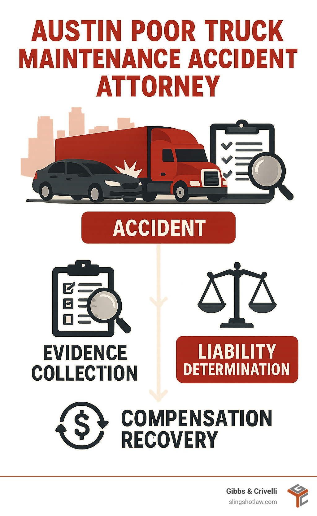 Comprehensive guide showing the process of hiring an Austin poor truck maintenance accident attorney, from initial accident through case resolution, including evidence collection, liability determination, and compensation recovery - austin poor truck maintenance accident attorney infographic 