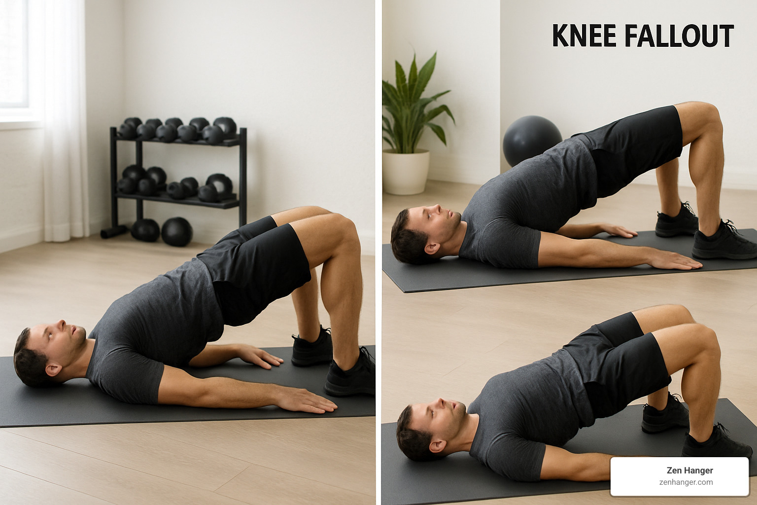 Demonstration of Pilates bridge pose with proper form and knee fallout variations - exercises to increase blood flow to penis